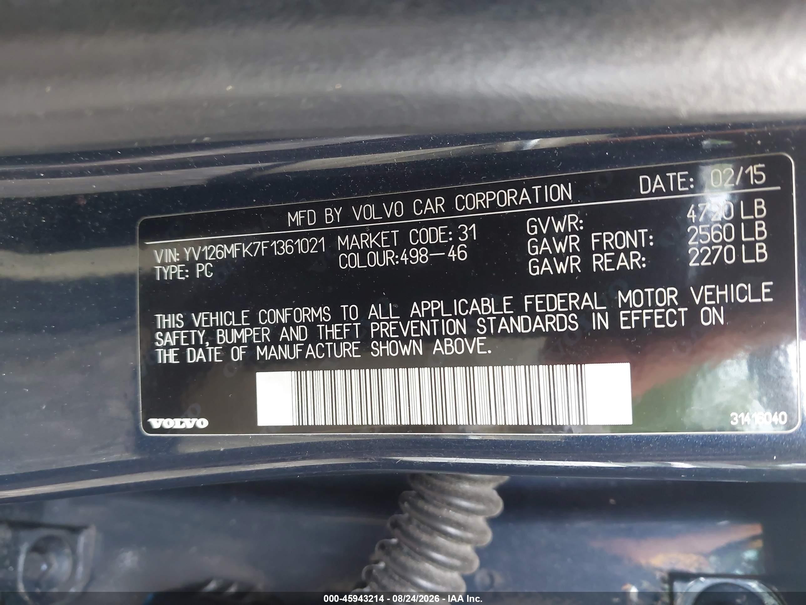 2015 Volvo S60 T5 Premier Blue vin: YV126MFK7F1361021