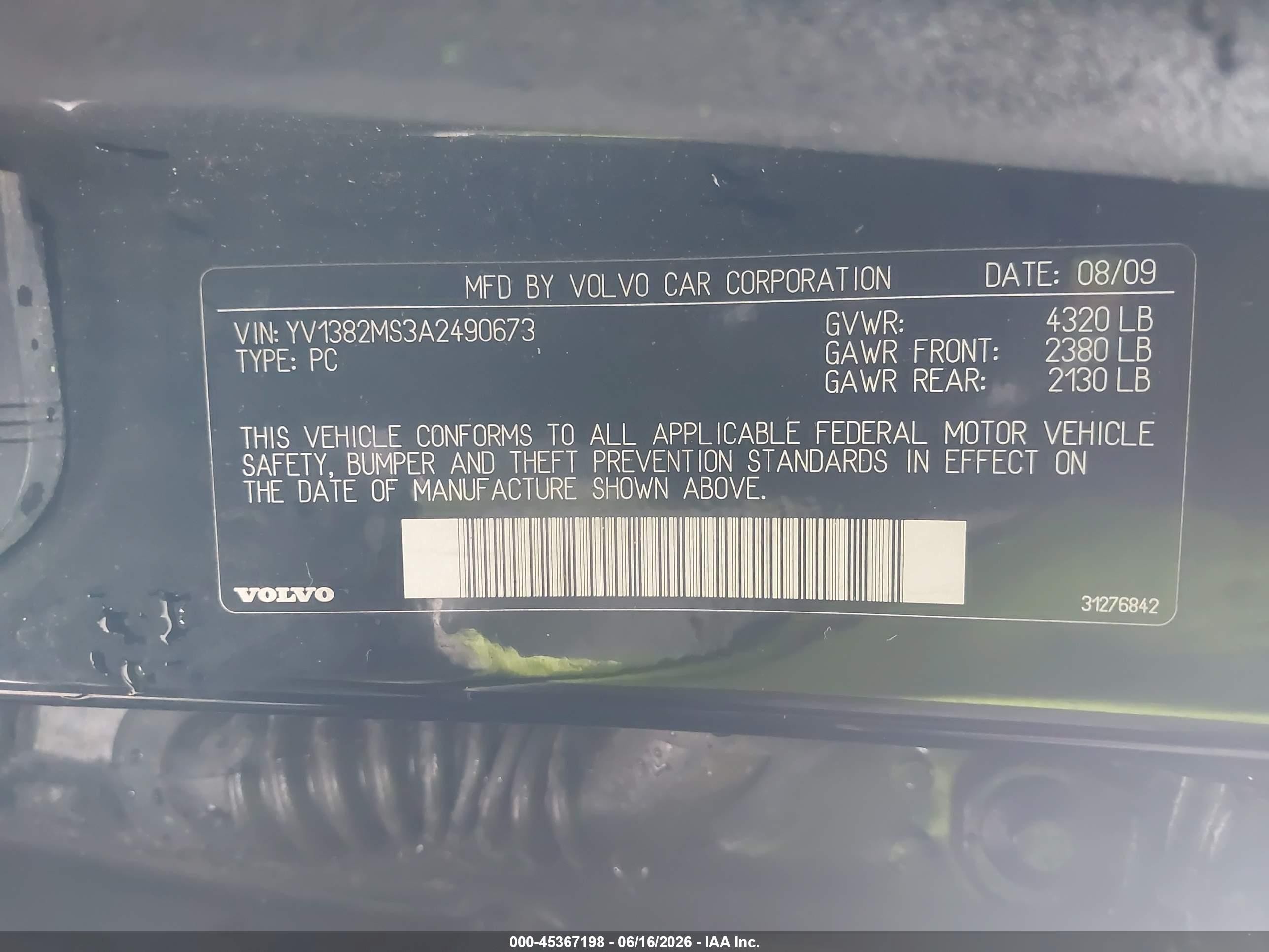 2010 Volvo S40 2.4i Black vin: YV1382MS3A2490673