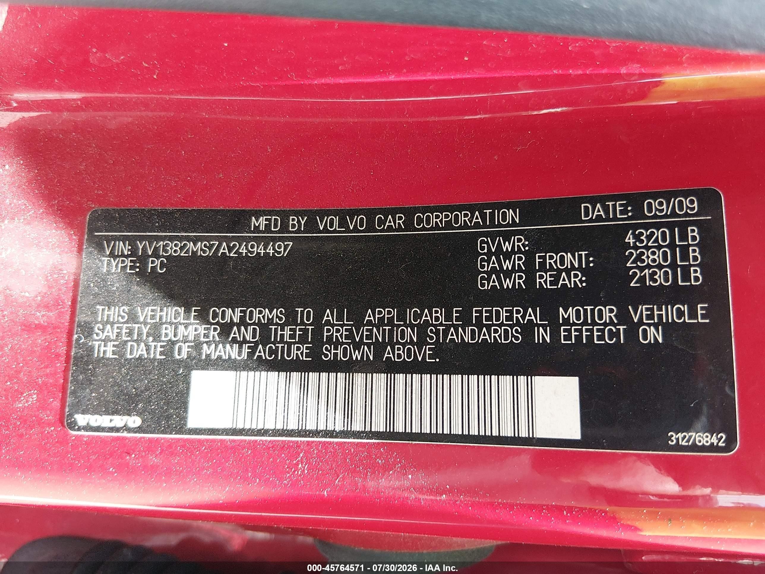 2010 Volvo S40 2.4i Red vin: YV1382MS7A2494497