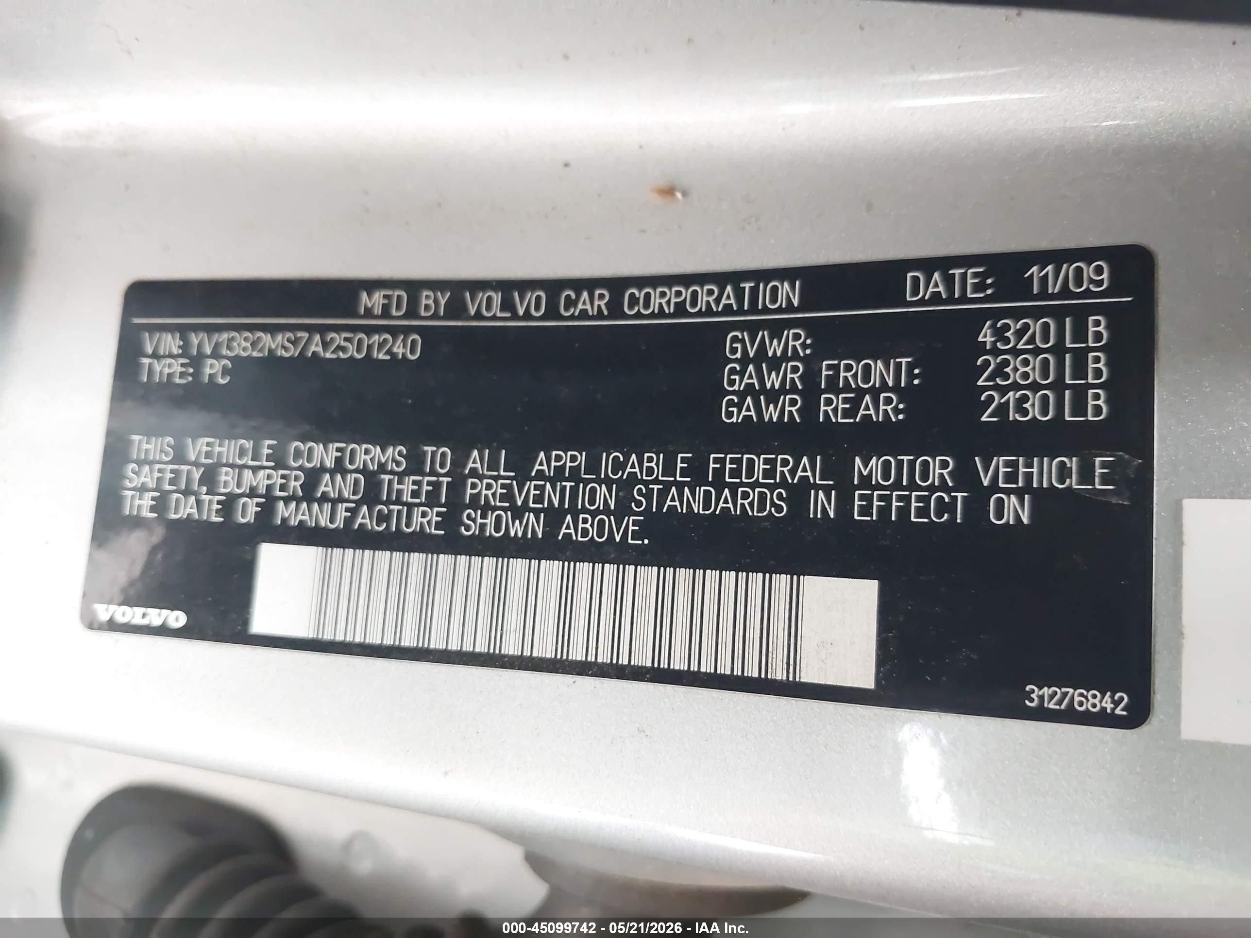 2010 Volvo S40 2.4i Silver vin: YV1382MS7A2501240