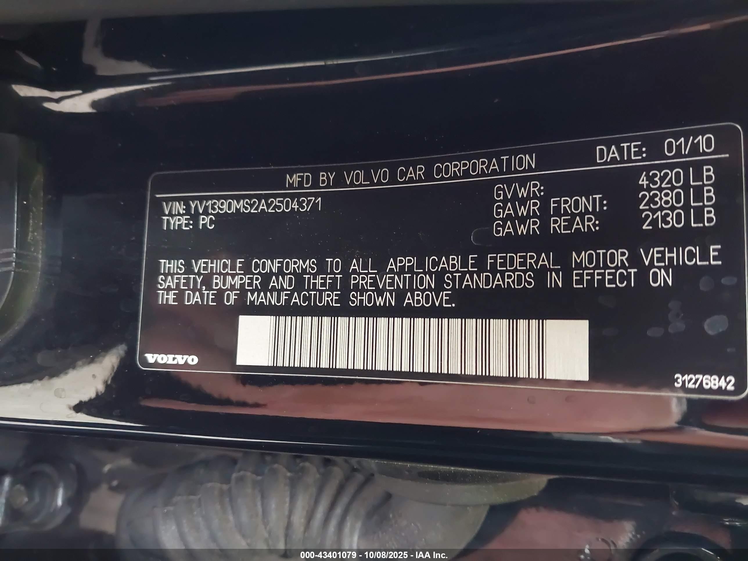 2010 Volvo S40 2.4i Black vin: YV1390MS2A2504371