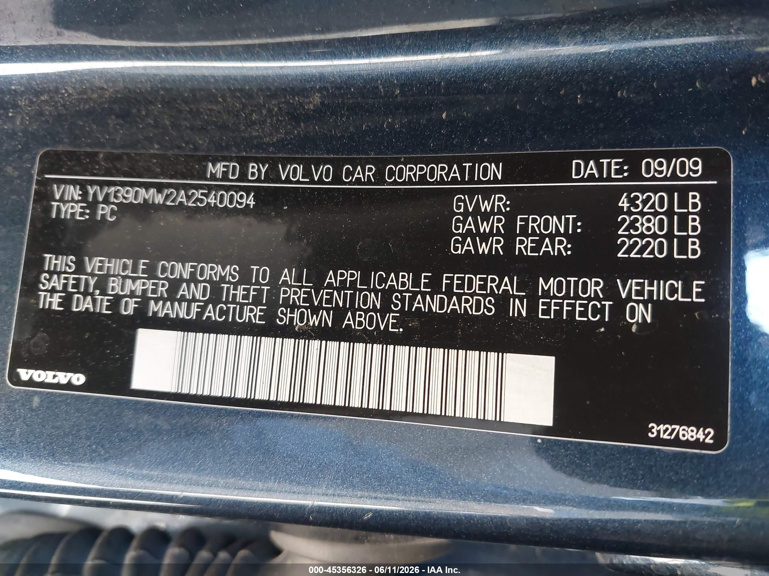 2010 Volvo V50 2.4i Blue vin: YV1390MW2A2540094