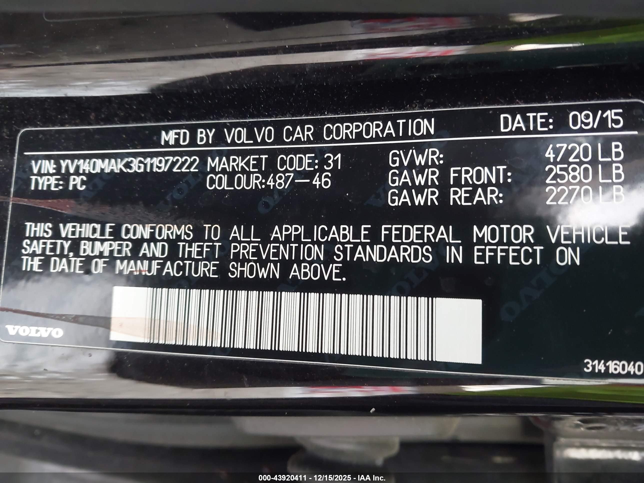 2016 Volvo S80 T5 Drive-e Черный vin: YV140MAK3G1197222