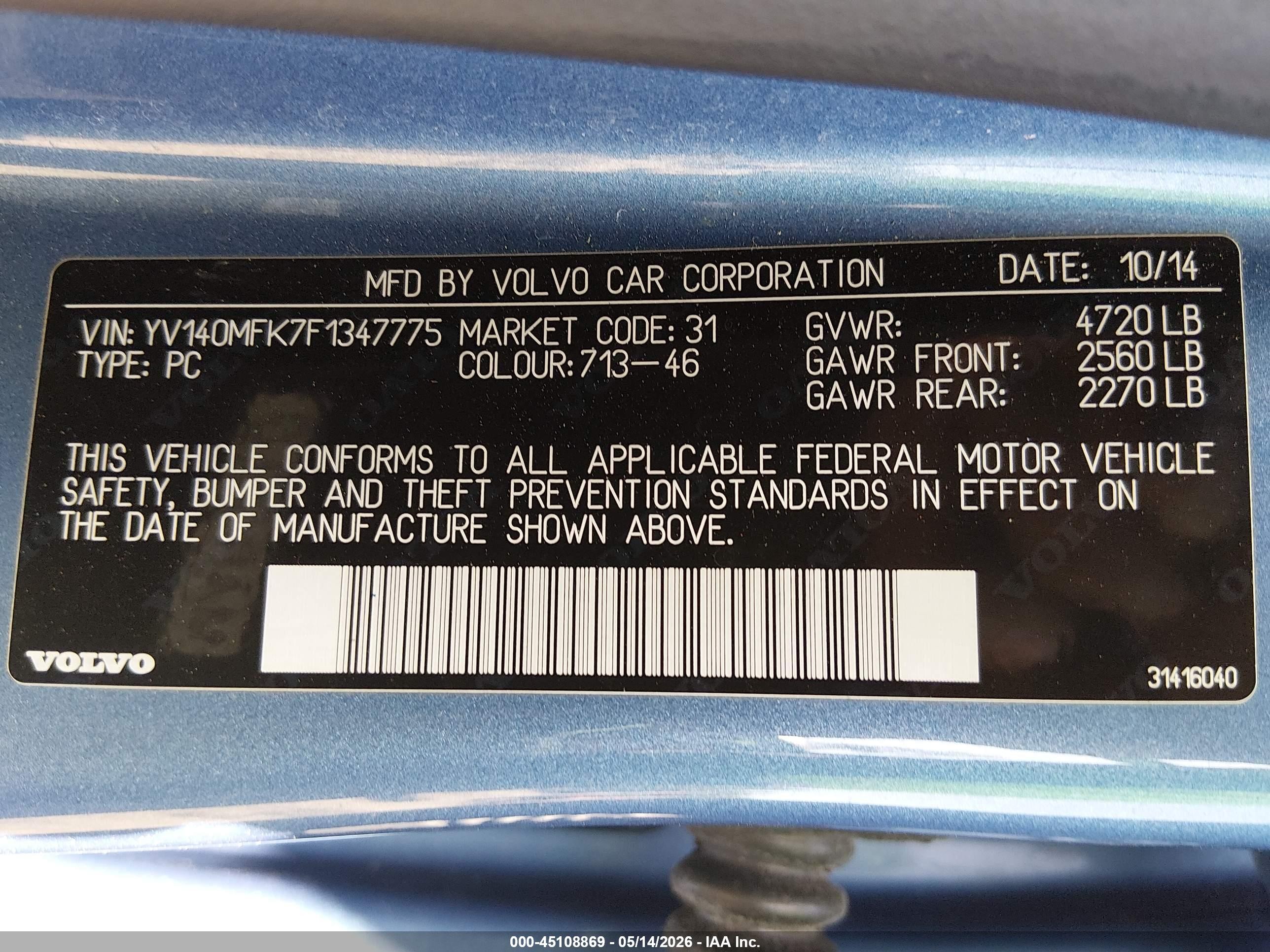 2015 Volvo S60 T5 Premier Blue vin: YV140MFK7F1347775