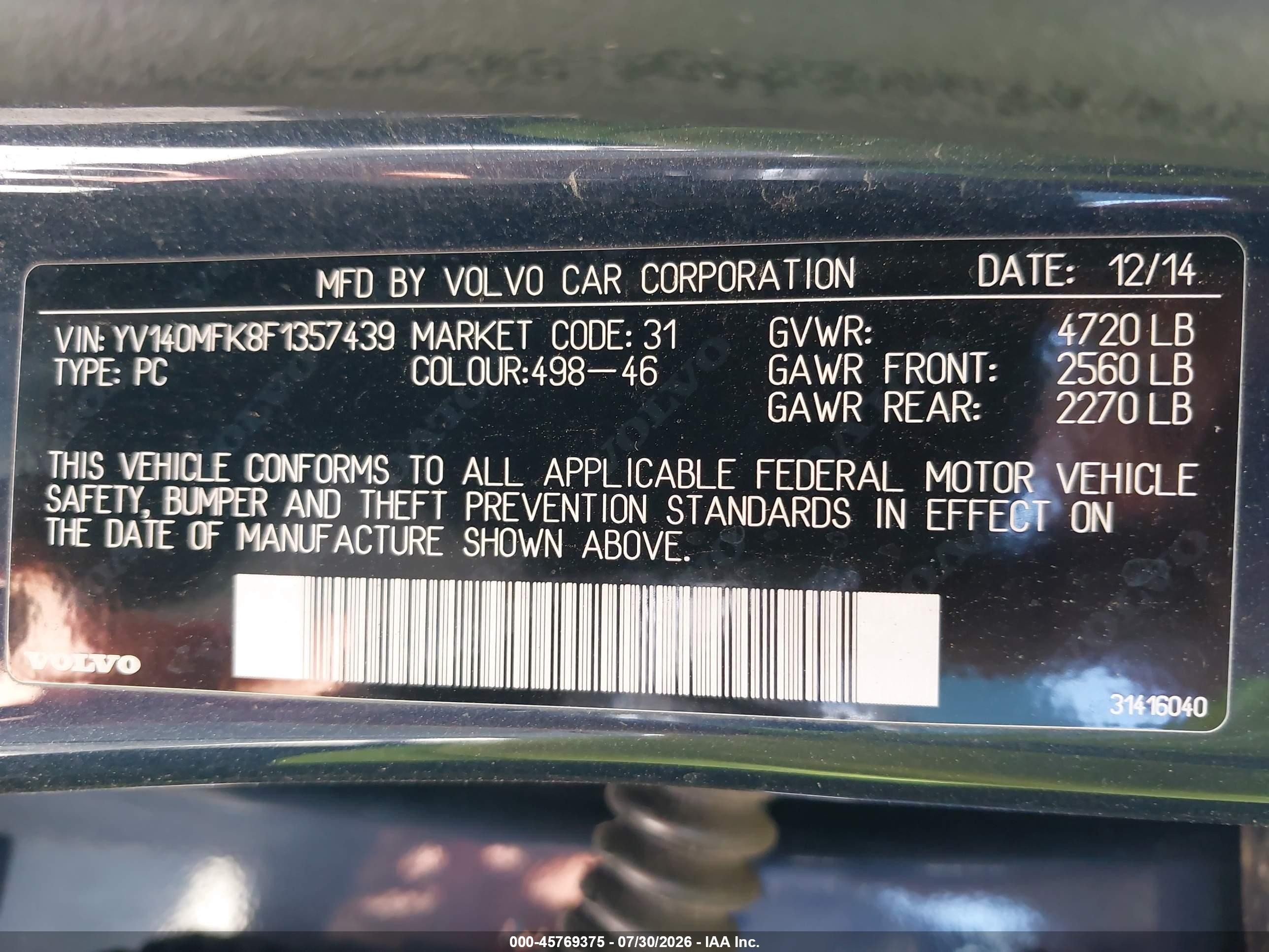 2015 Volvo S60 T5 Premier Blue vin: YV140MFK8F1357439