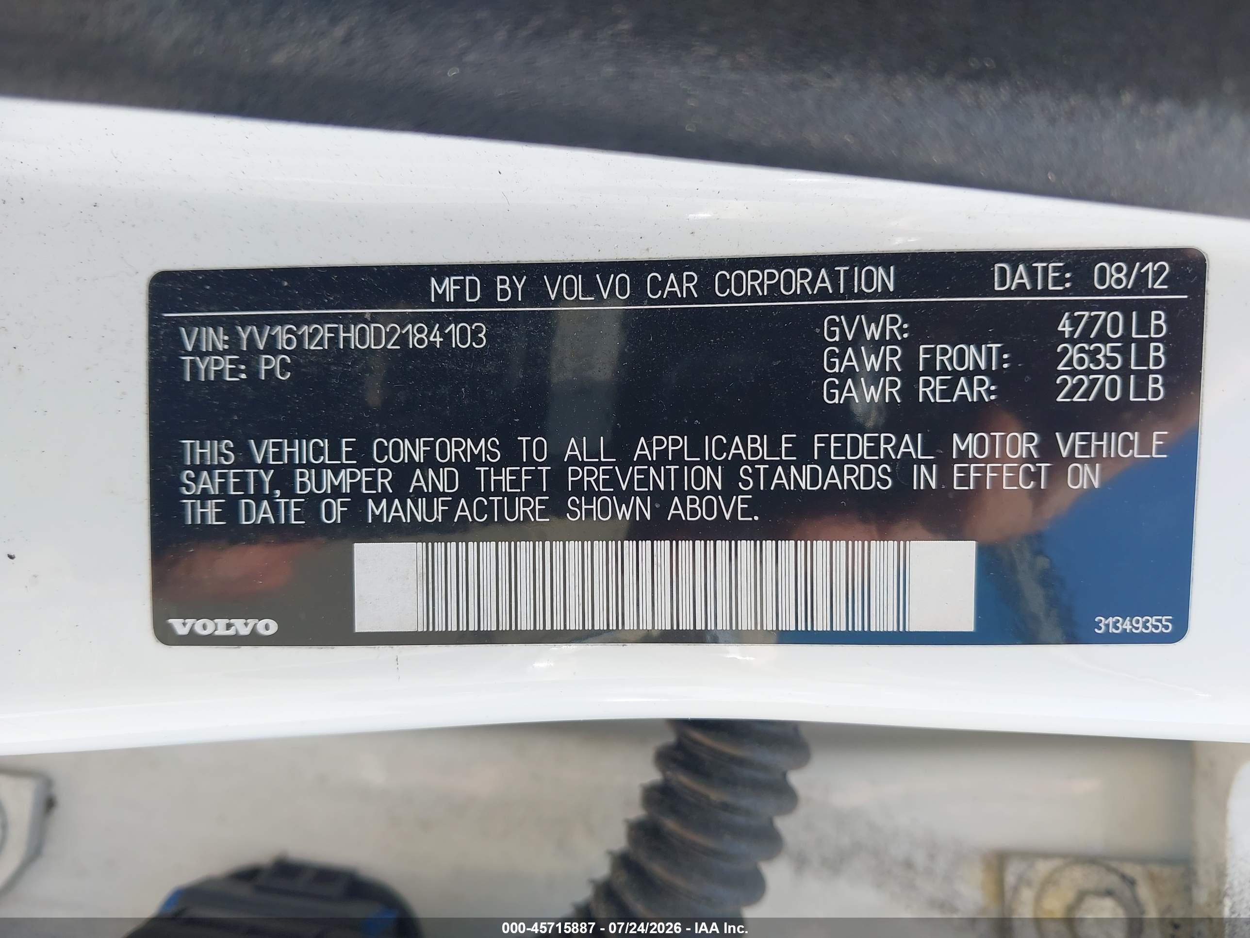 2013 Volvo S60 T5/t5 Platinum/t5 Premier/t5 Premier Plus White vin: YV1612FH0D2184103