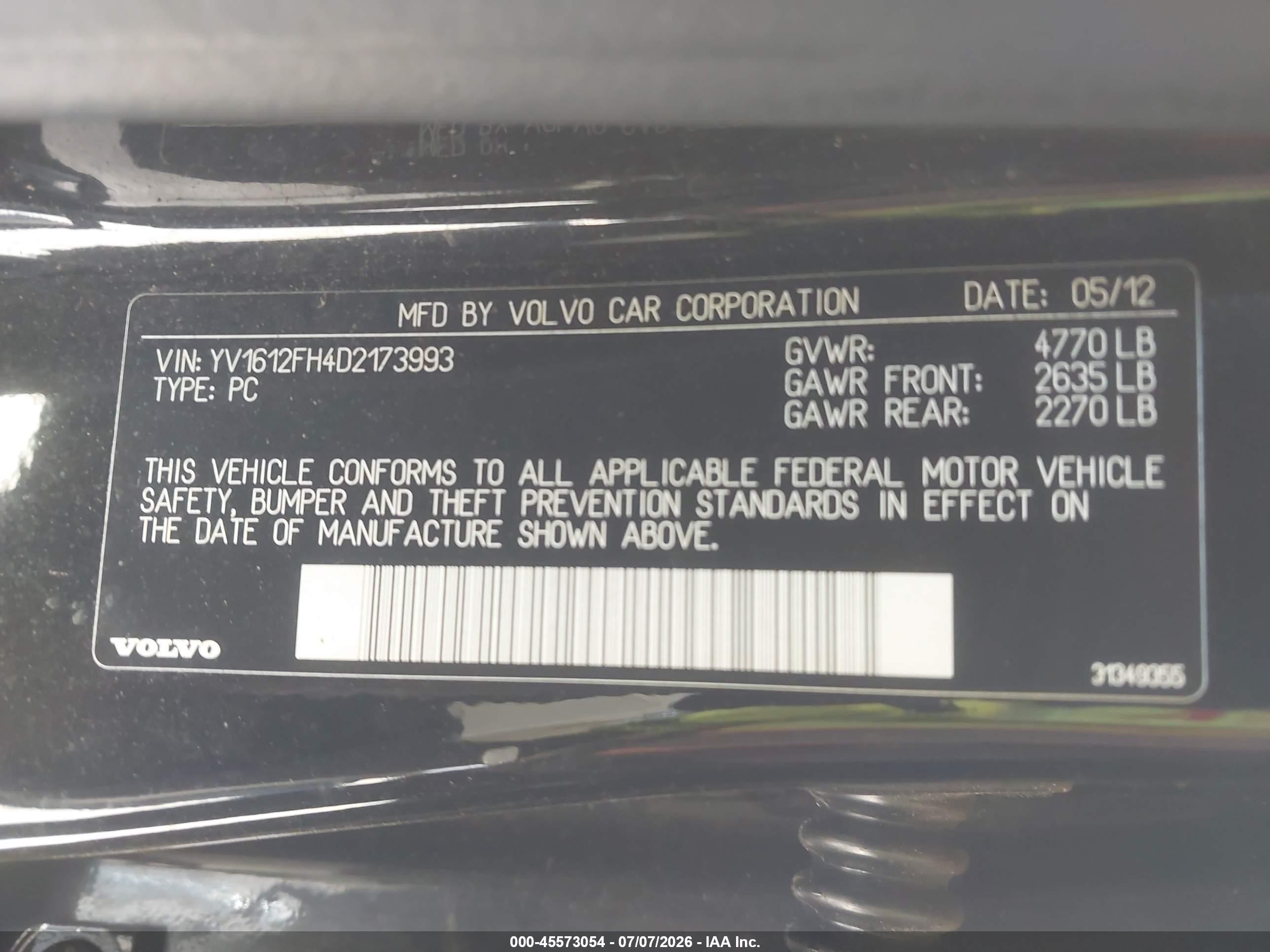 2013 Volvo S60 T5/t5 Platinum/t5 Premier/t5 Premier Plus Black vin: YV1612FH4D2173993