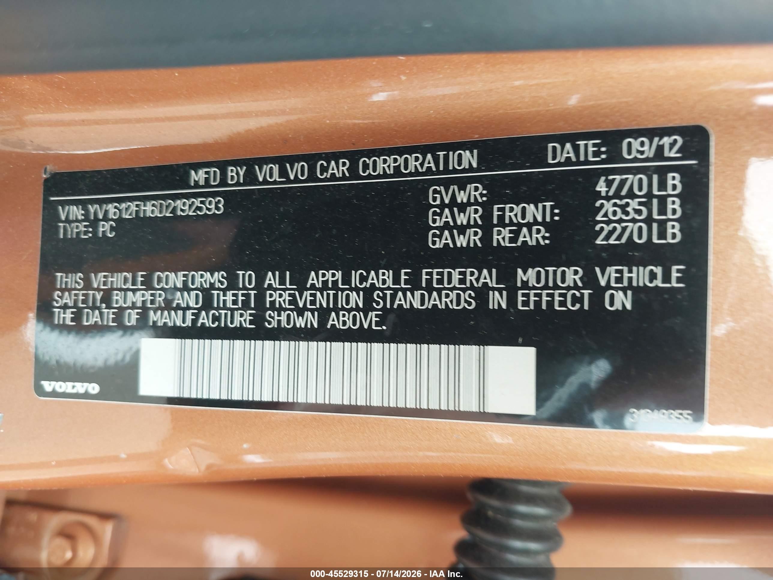 2013 Volvo S60 T5/t5 Platinum/t5 Premier/t5 Premier Plus Orange vin: YV1612FH6D2192593