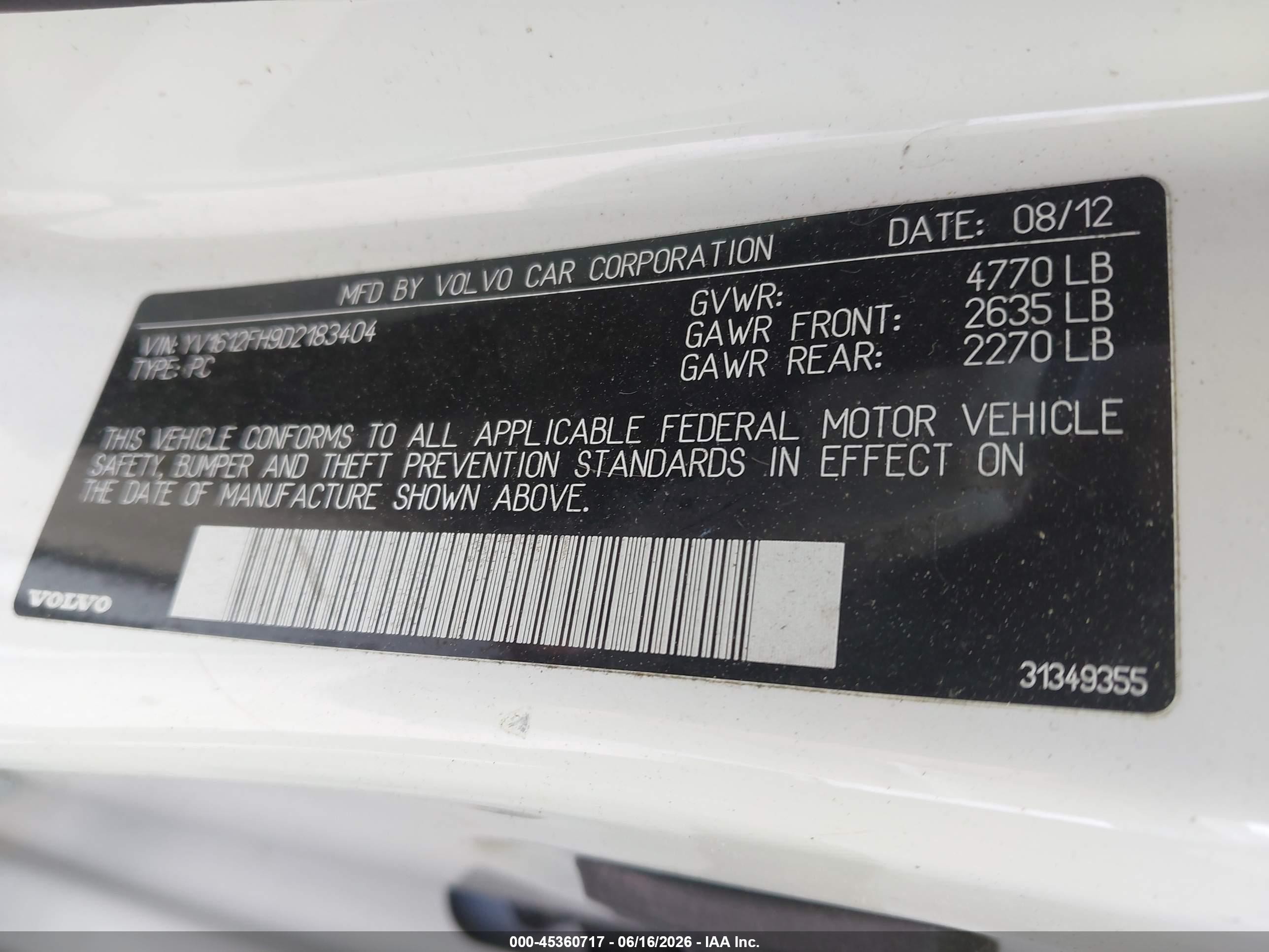 2013 Volvo S60 T5/t5 Platinum/t5 Premier/t5 Premier Plus White vin: YV1612FH9D2183404