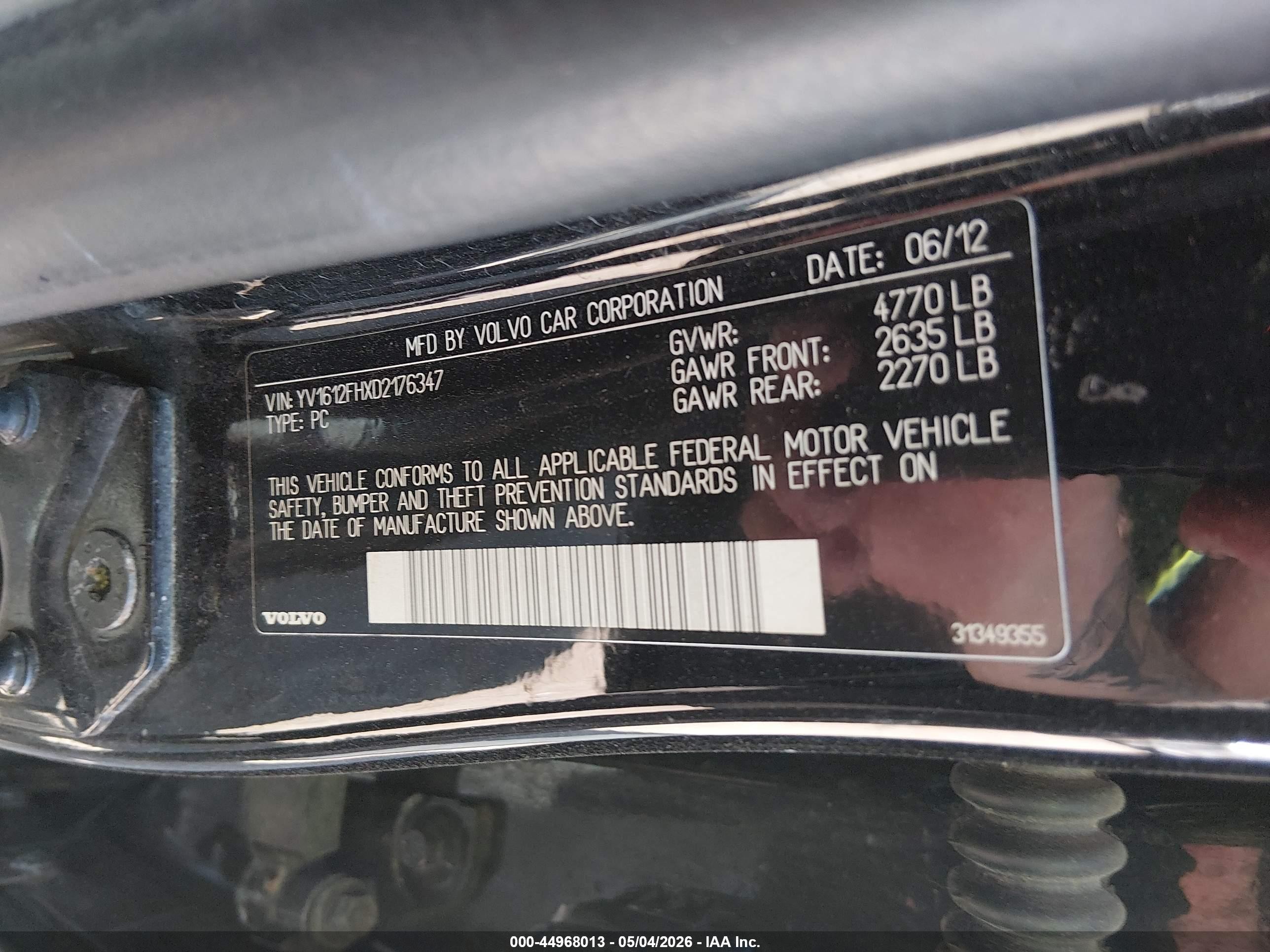 2013 Volvo S60 T5/t5 Platinum/t5 Premier/t5 Premier Plus Black vin: YV1612FHXD2176347