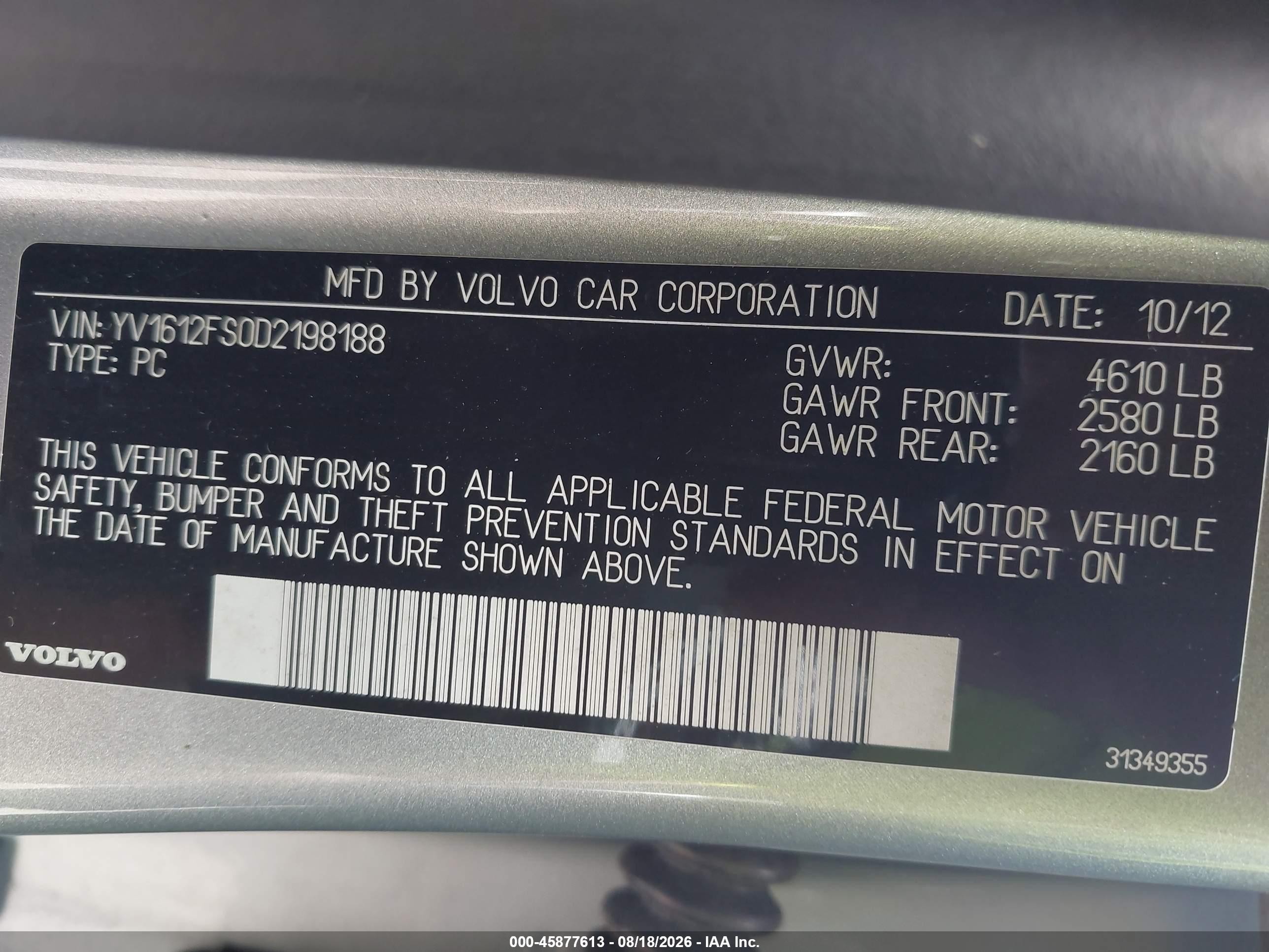 2013 Volvo S60 T5/t5 Platinum/t5 Premier/t5 Premier Plus Silver vin: YV1612FS0D2198188