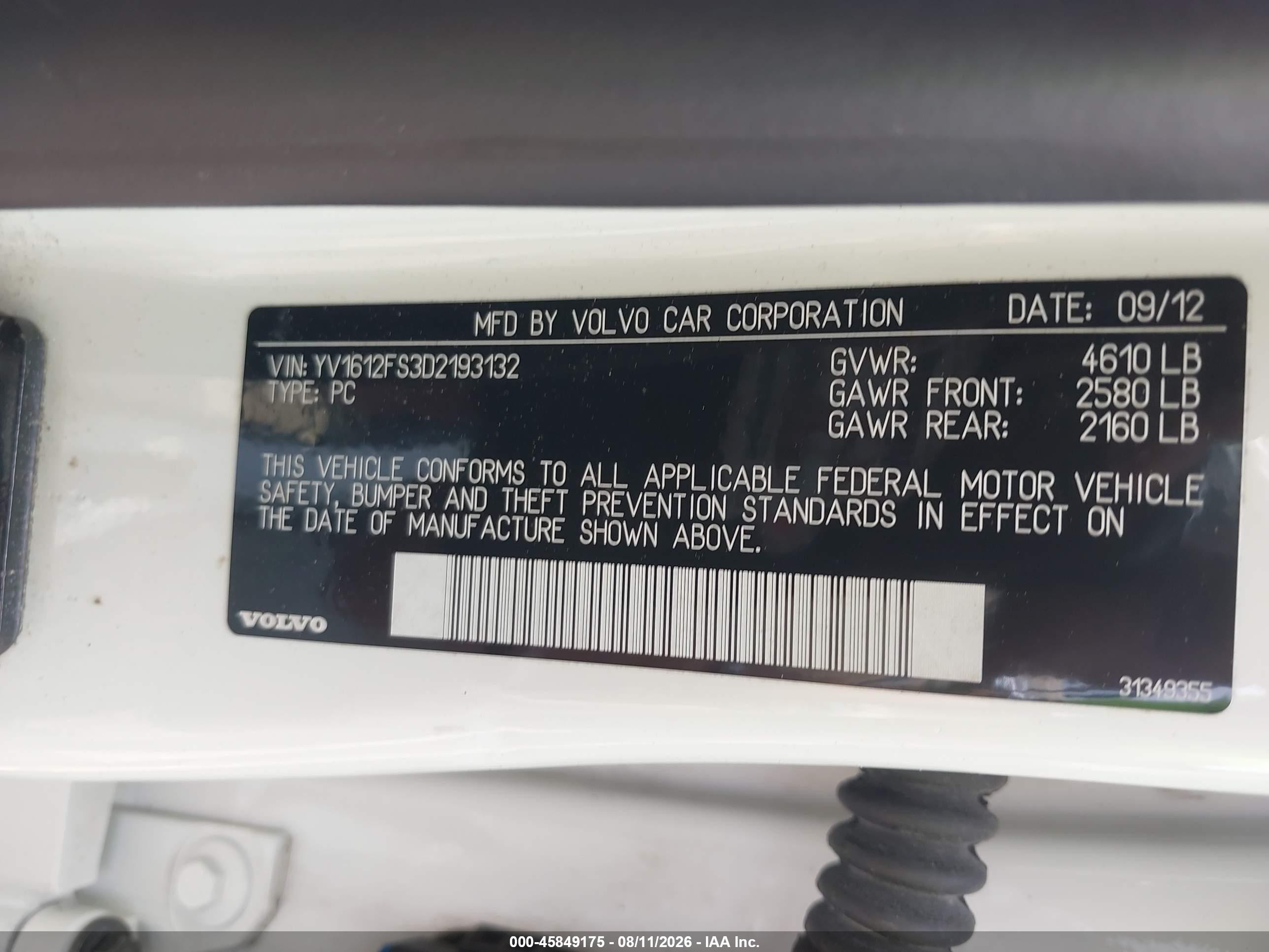 2013 Volvo S60 T5/t5 Platinum/t5 Premier/t5 Premier Plus White vin: YV1612FS3D2193132