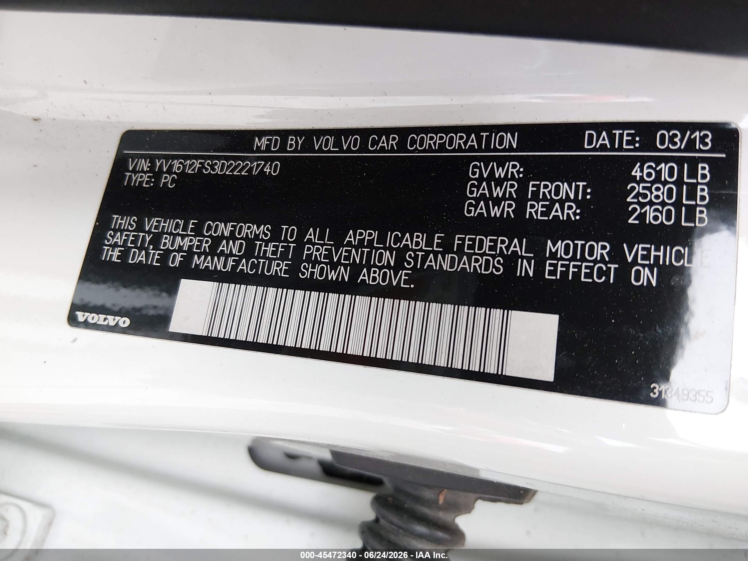 2013 Volvo S60 T5 White vin: YV1612FS3D2221740