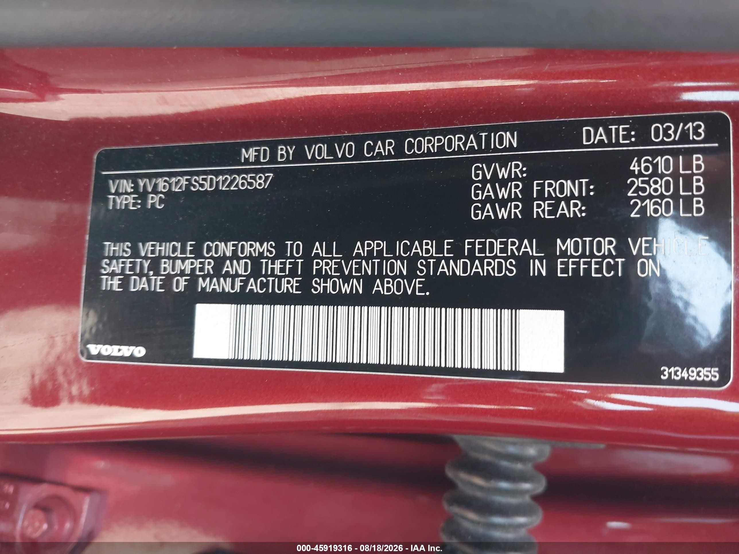 2013 Volvo S60 T5 Red vin: YV1612FS5D1226587