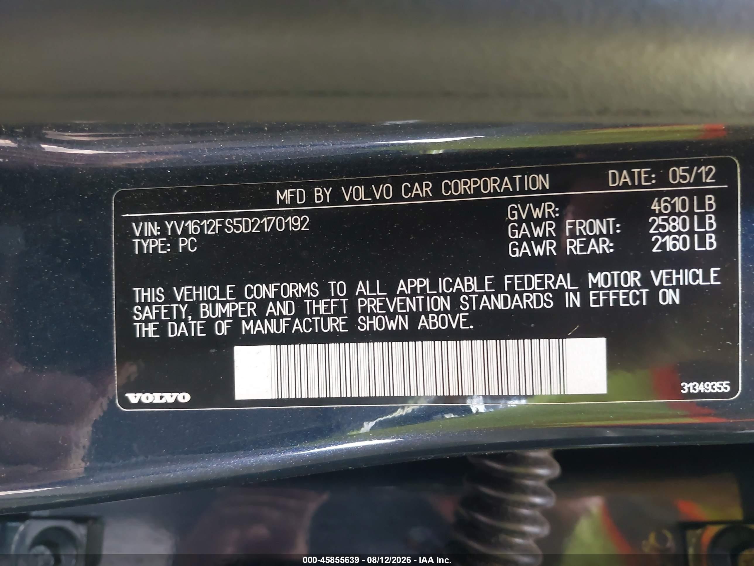 2013 Volvo S60 T5/t5 Platinum/t5 Premier/t5 Premier Plus Blue vin: YV1612FS5D2170192