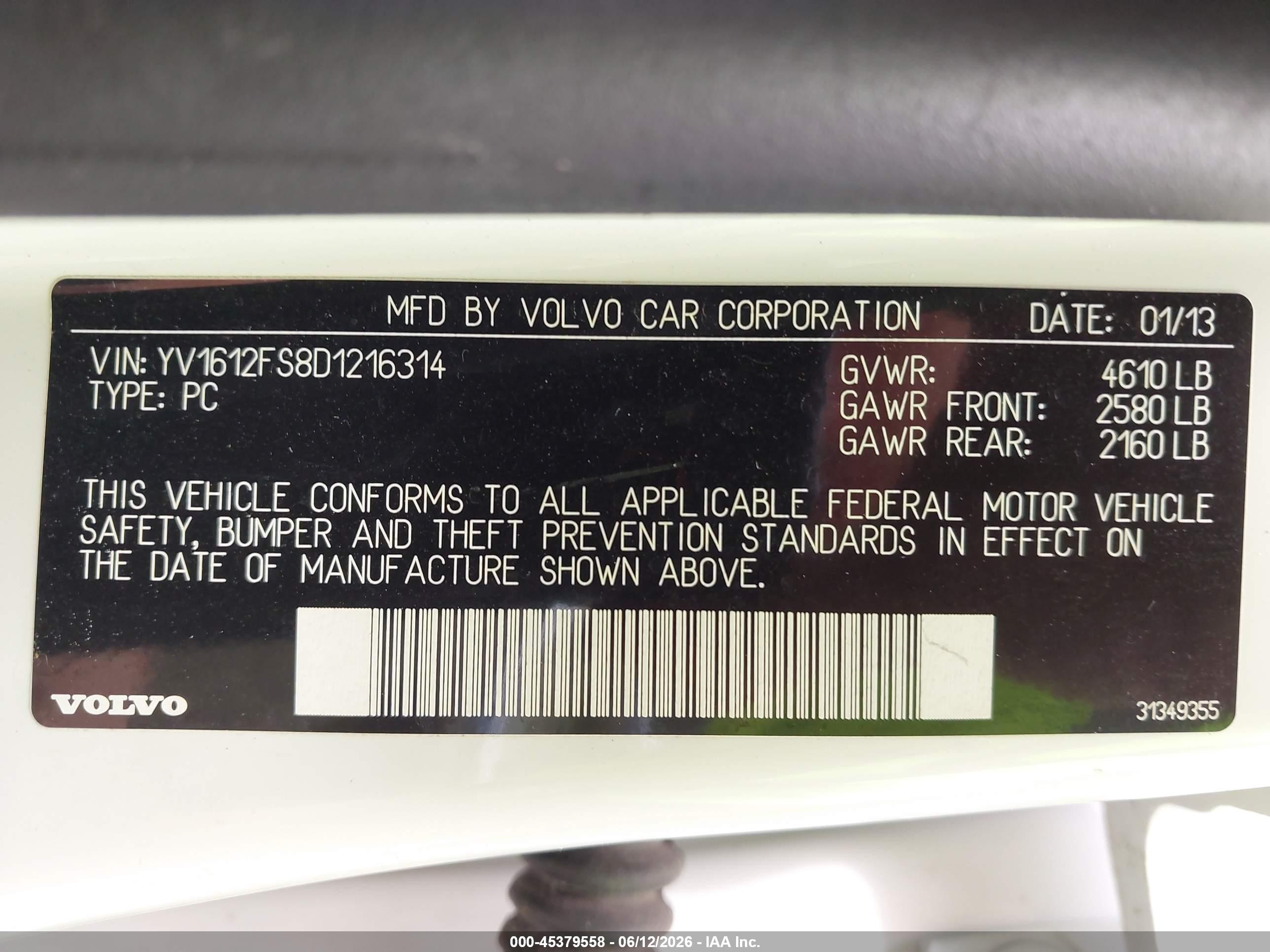 2013 Volvo S60 T5 White vin: YV1612FS8D1216314