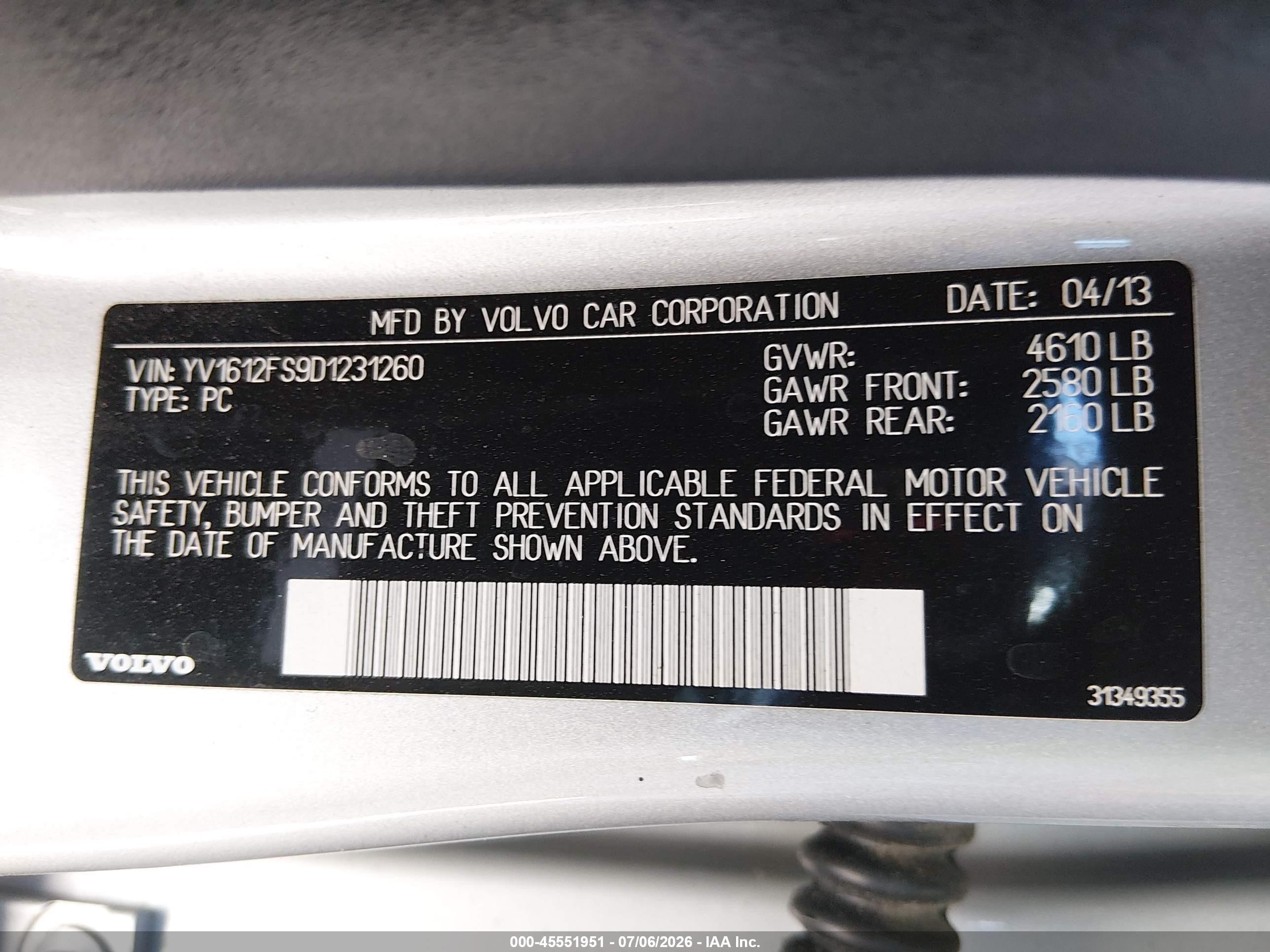 2013 Volvo S60 T5/t5 Platinum/t5 Premier/t5 Premier Plus Silver vin: YV1612FS9D1231260