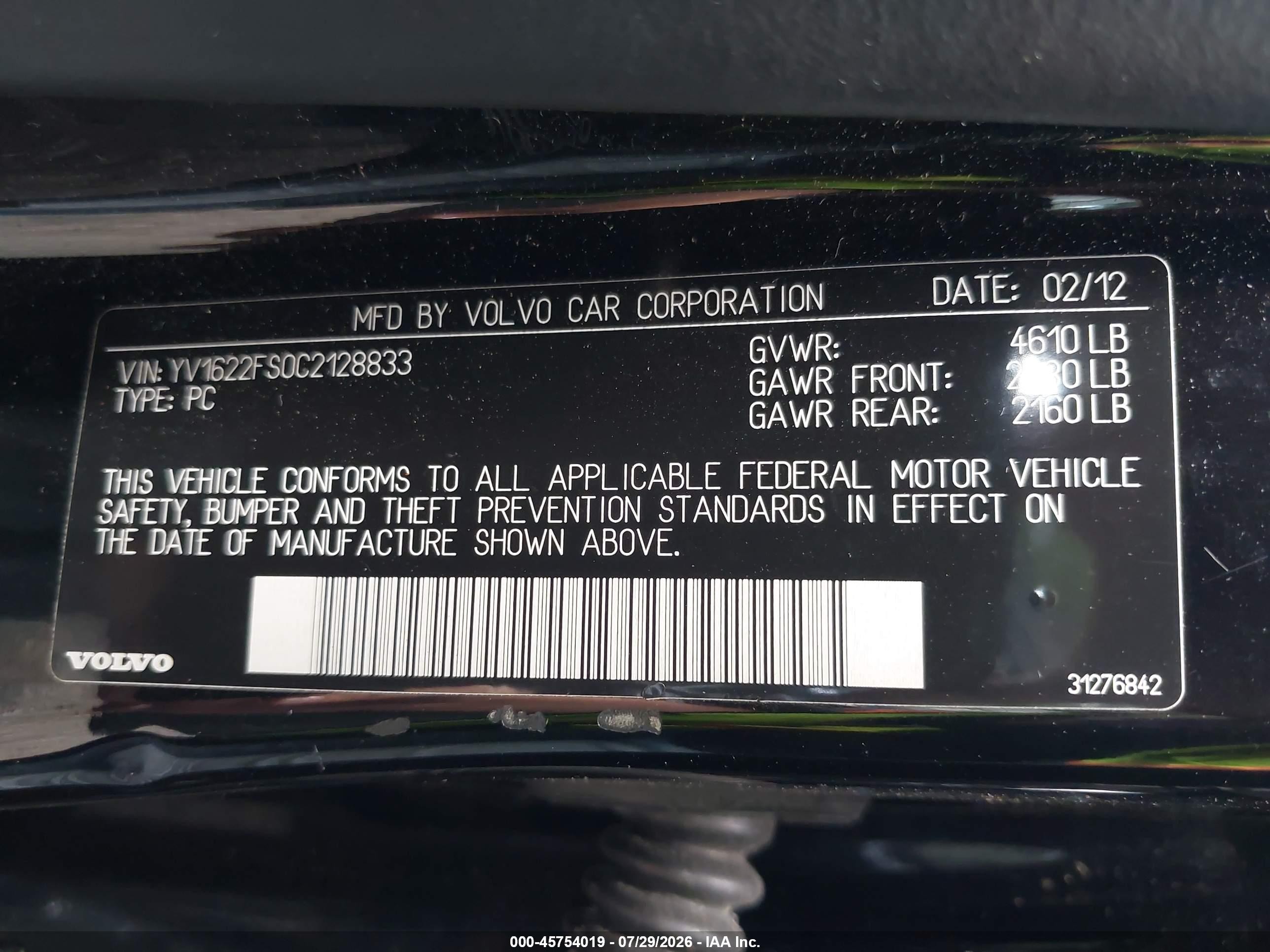 2012 Volvo S60 T5/t5 W/moonroof Черный vin: YV1622FS0C2128833