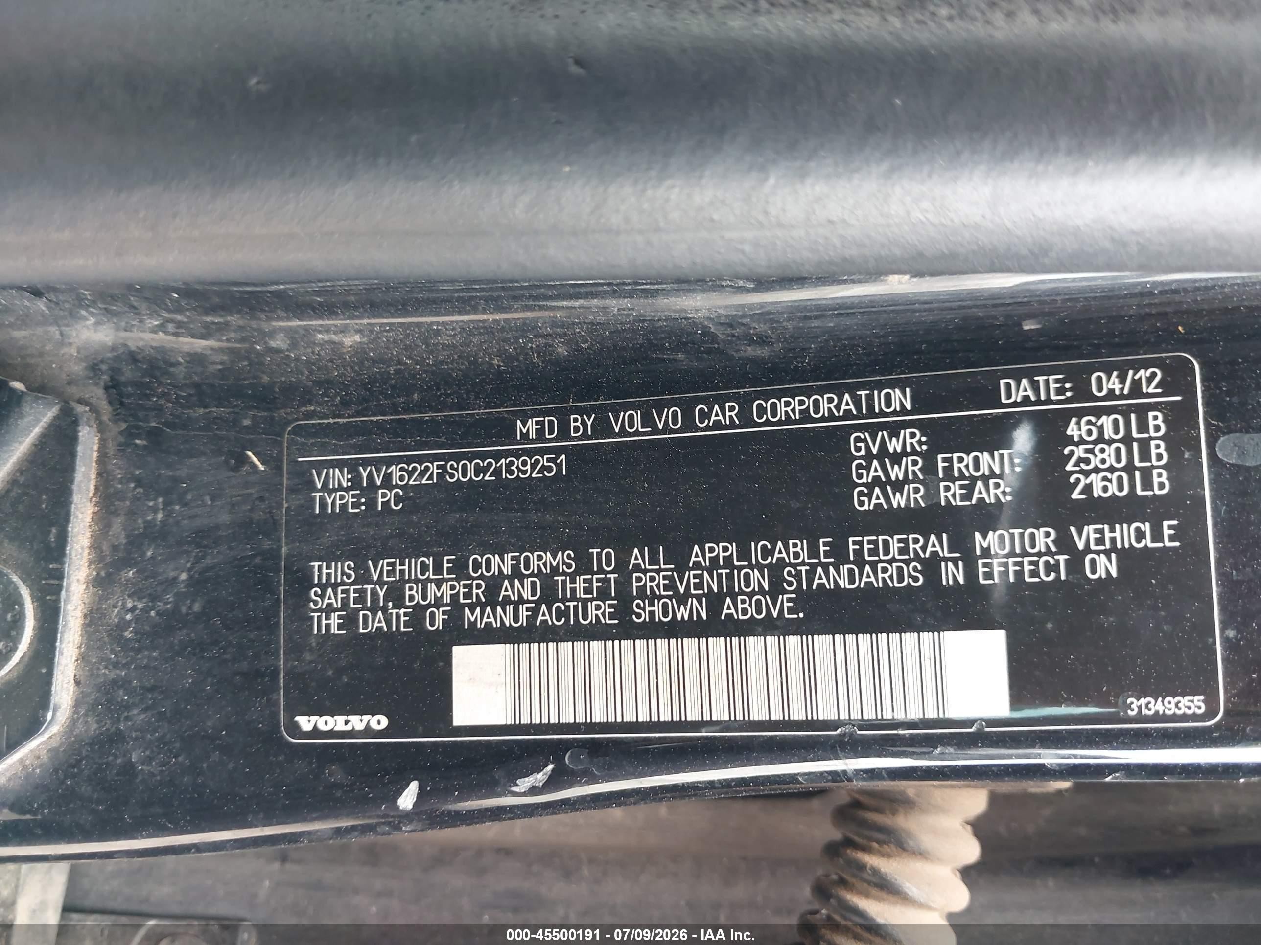 2012 Volvo S60 T5/t5 W/moonroof Черный vin: YV1622FS0C2139251
