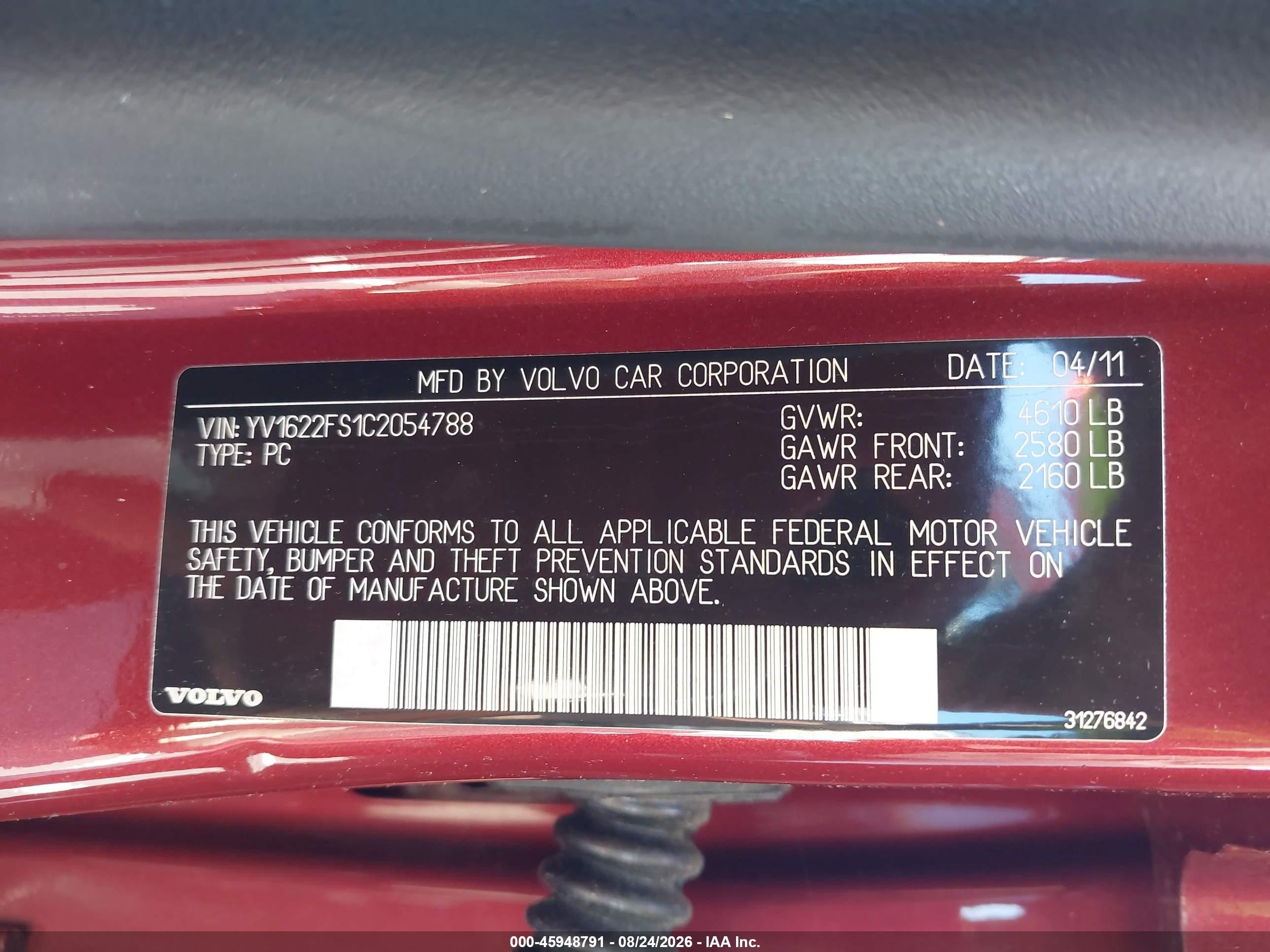 2012 Volvo S60 T5 Red vin: YV1622FS1C2054788