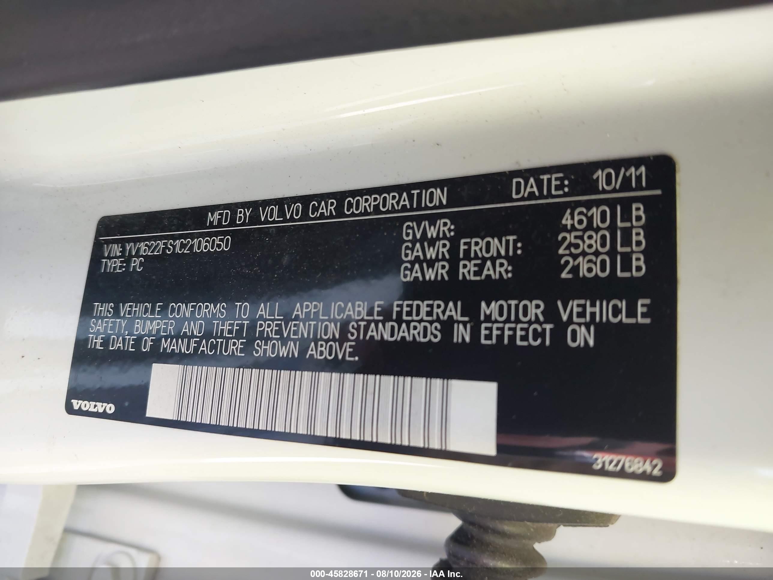2012 Volvo S60 T5/t5 W/moonroof White vin: YV1622FS1C2106050