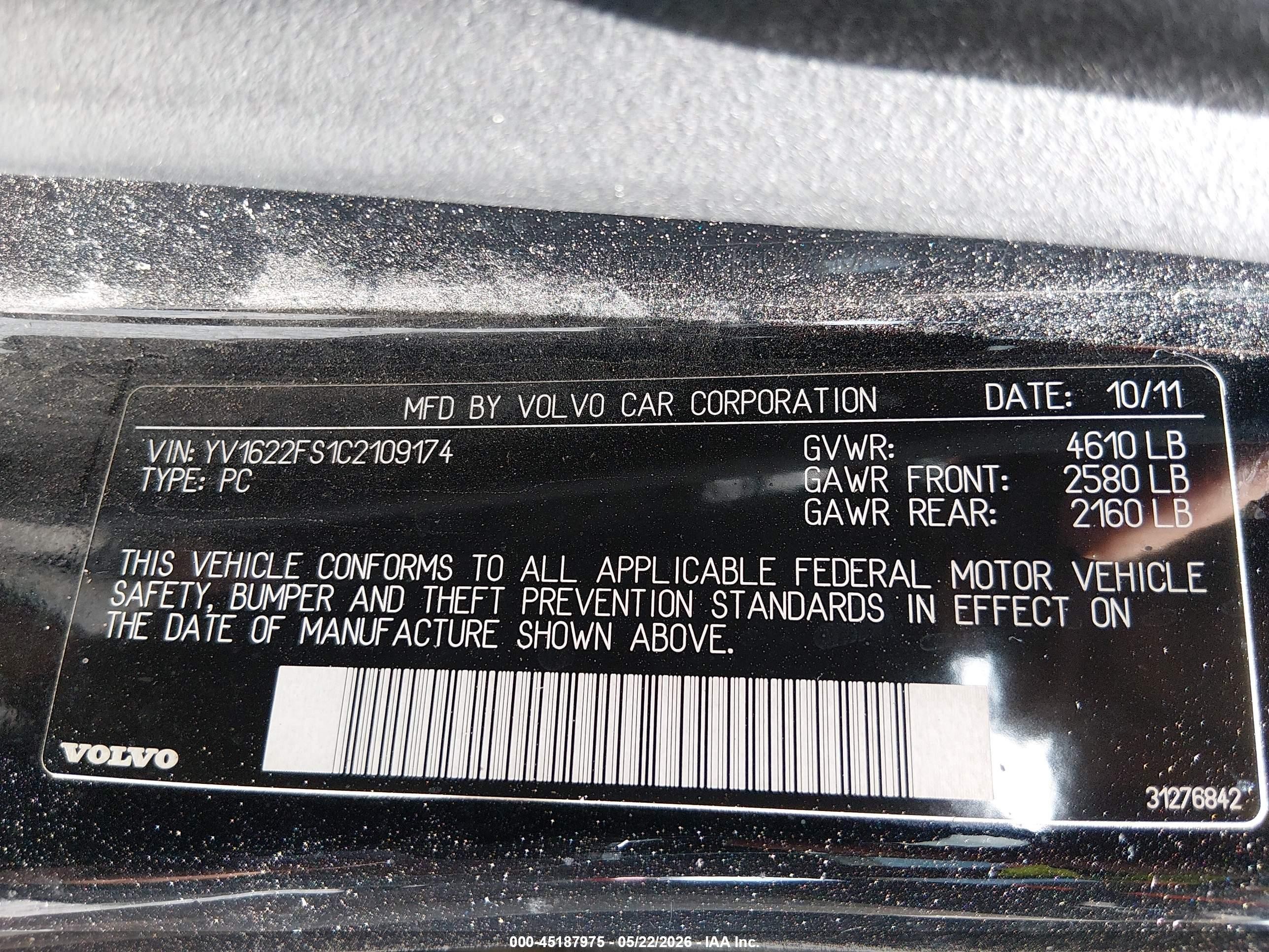 2012 Volvo S60 T5 Black vin: YV1622FS1C2109174