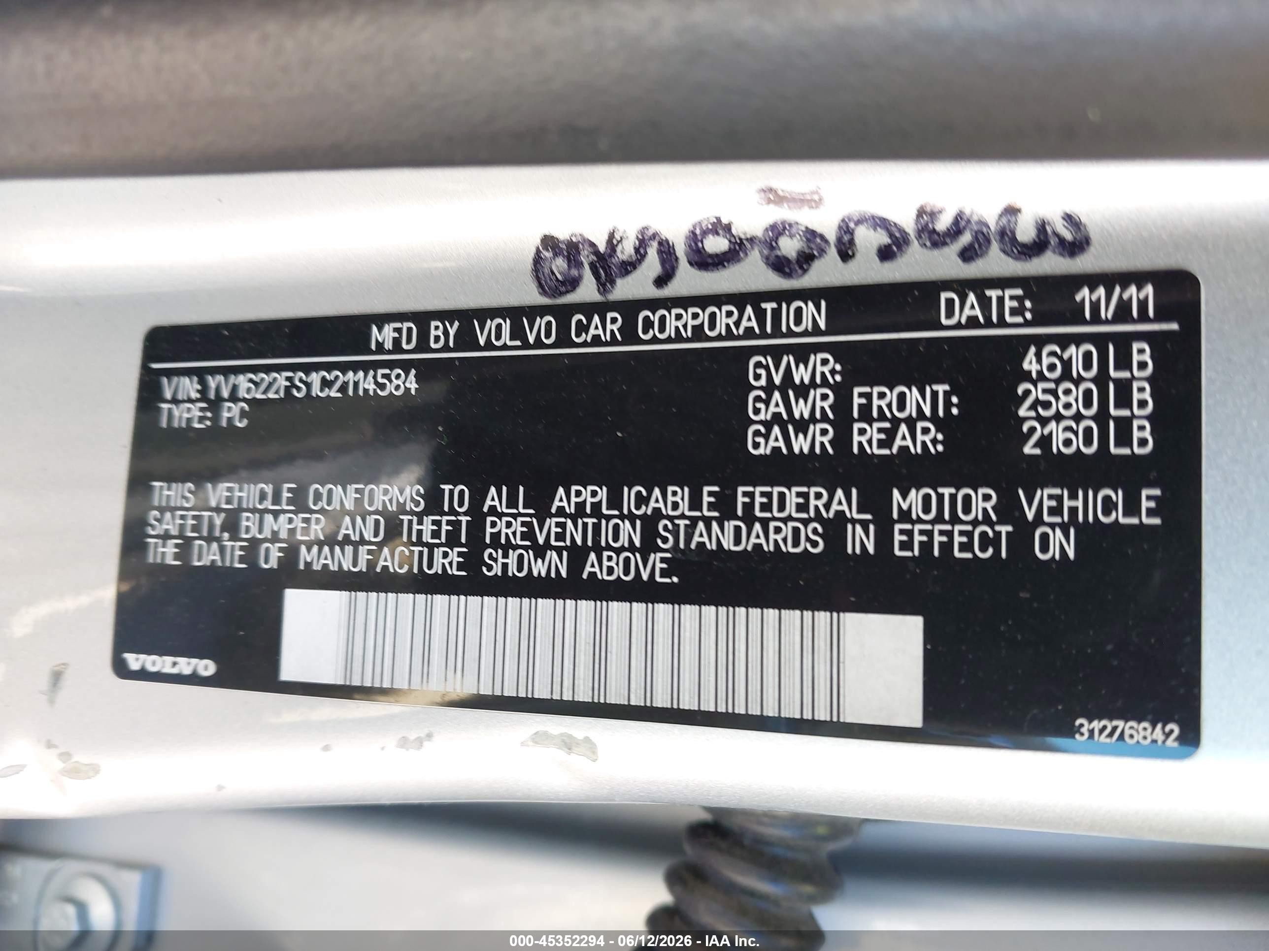 2012 Volvo S60 T5 Silver vin: YV1622FS1C2114584