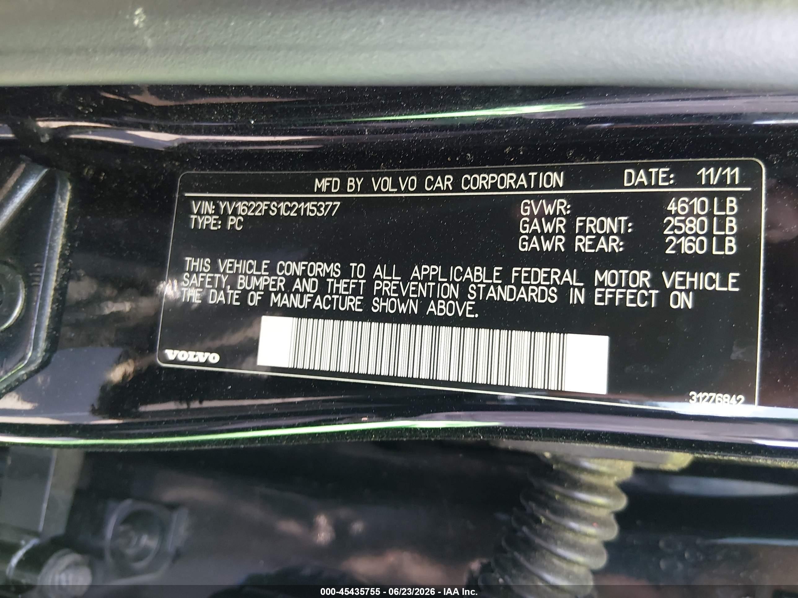 2012 Volvo S60 T5/t5 W/moonroof Black vin: YV1622FS1C2115377