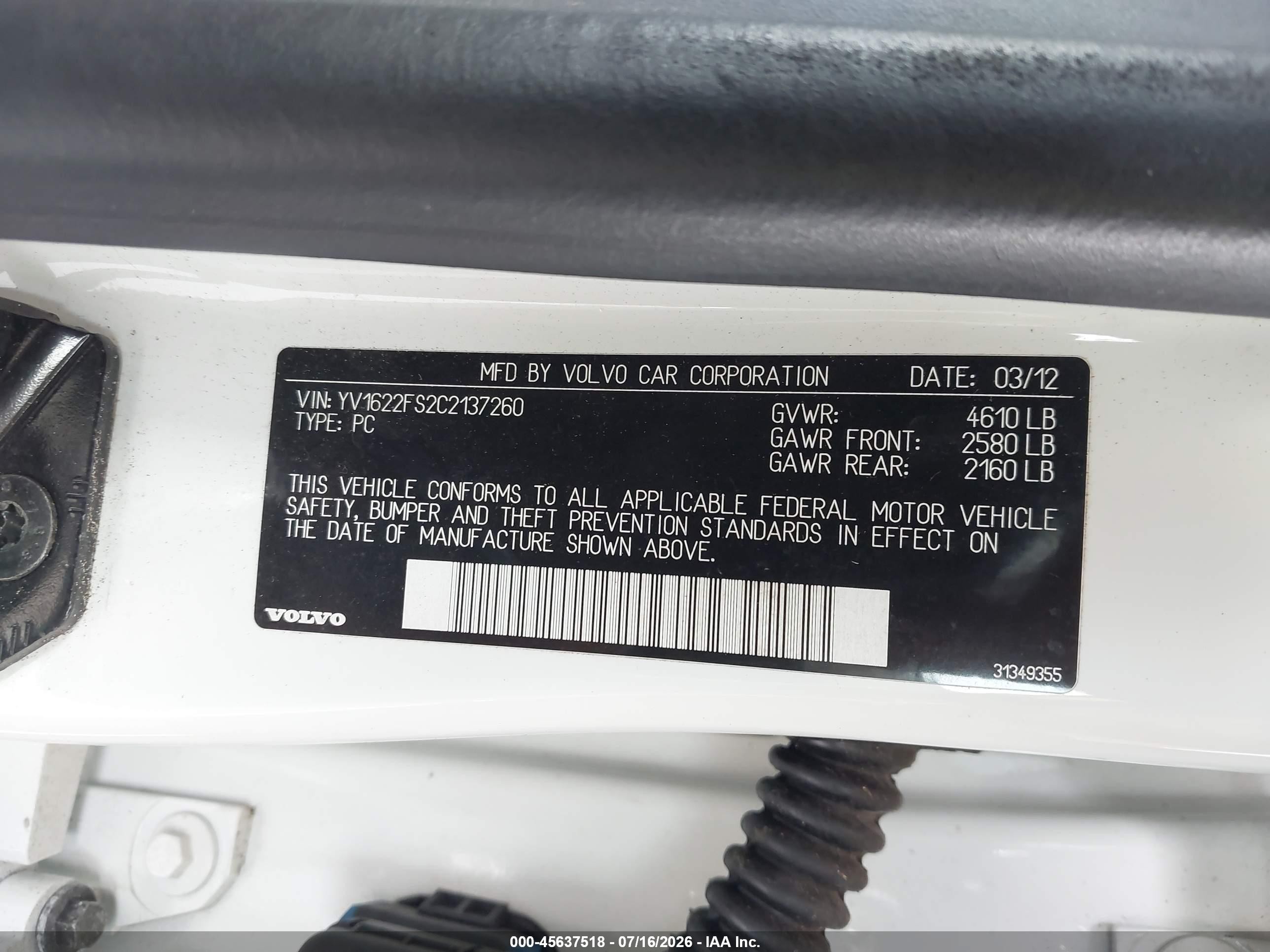 2012 Volvo S60 T5/t5 W/moonroof White vin: YV1622FS2C2137260
