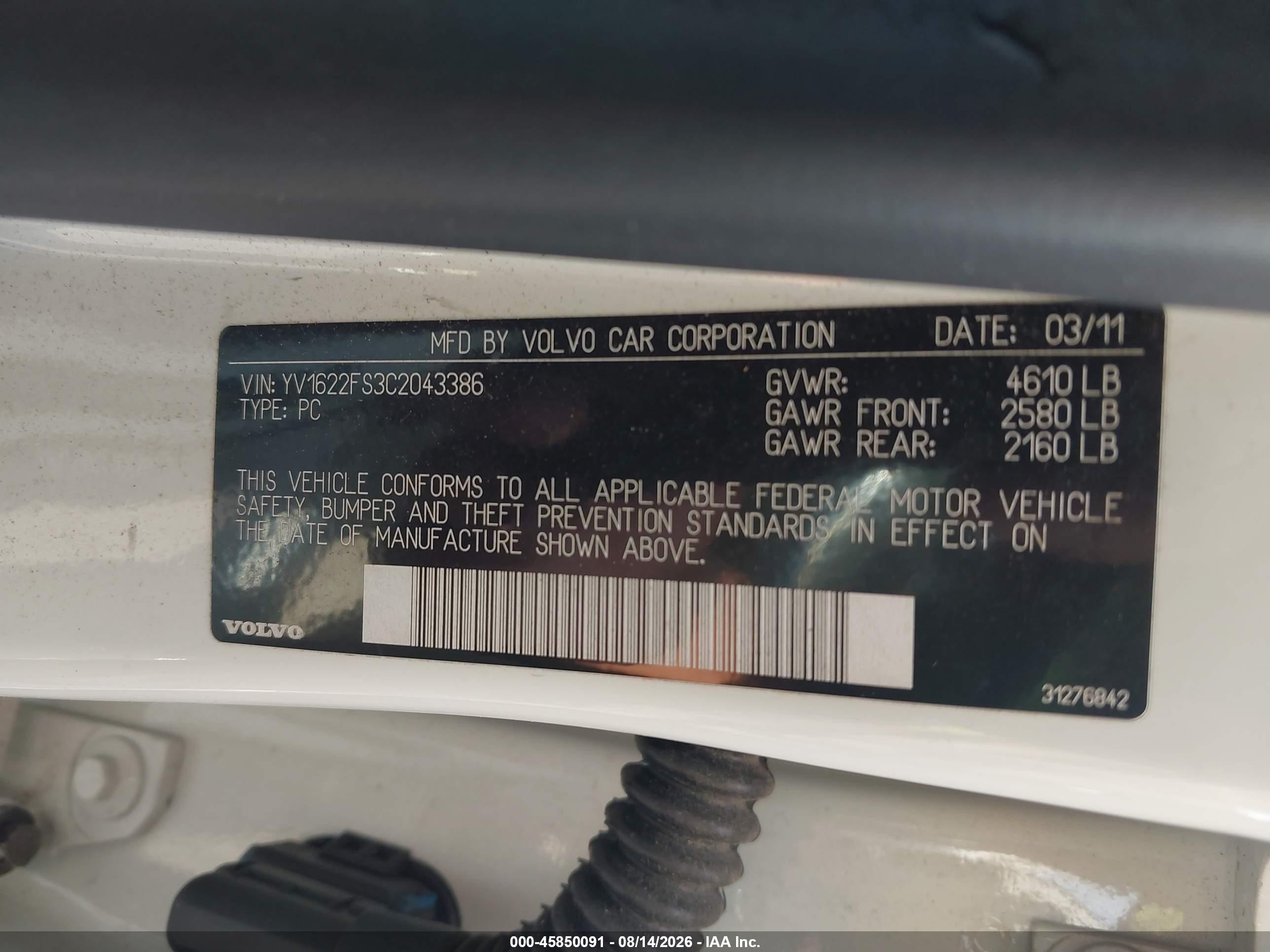 2012 Volvo S60 T5 White vin: YV1622FS3C2043386
