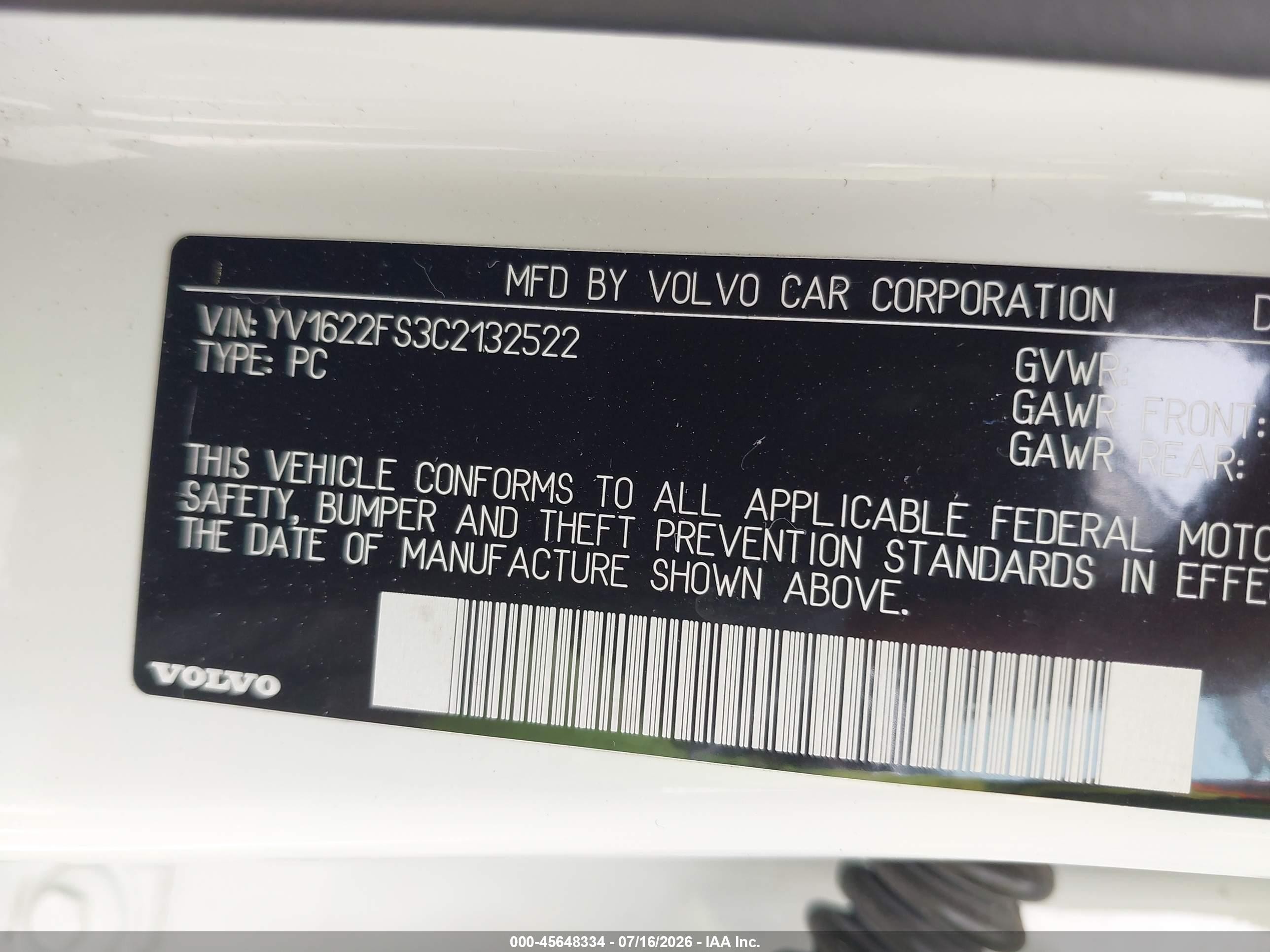 2012 Volvo S60 T5/t5 W/moonroof White vin: YV1622FS3C2132522
