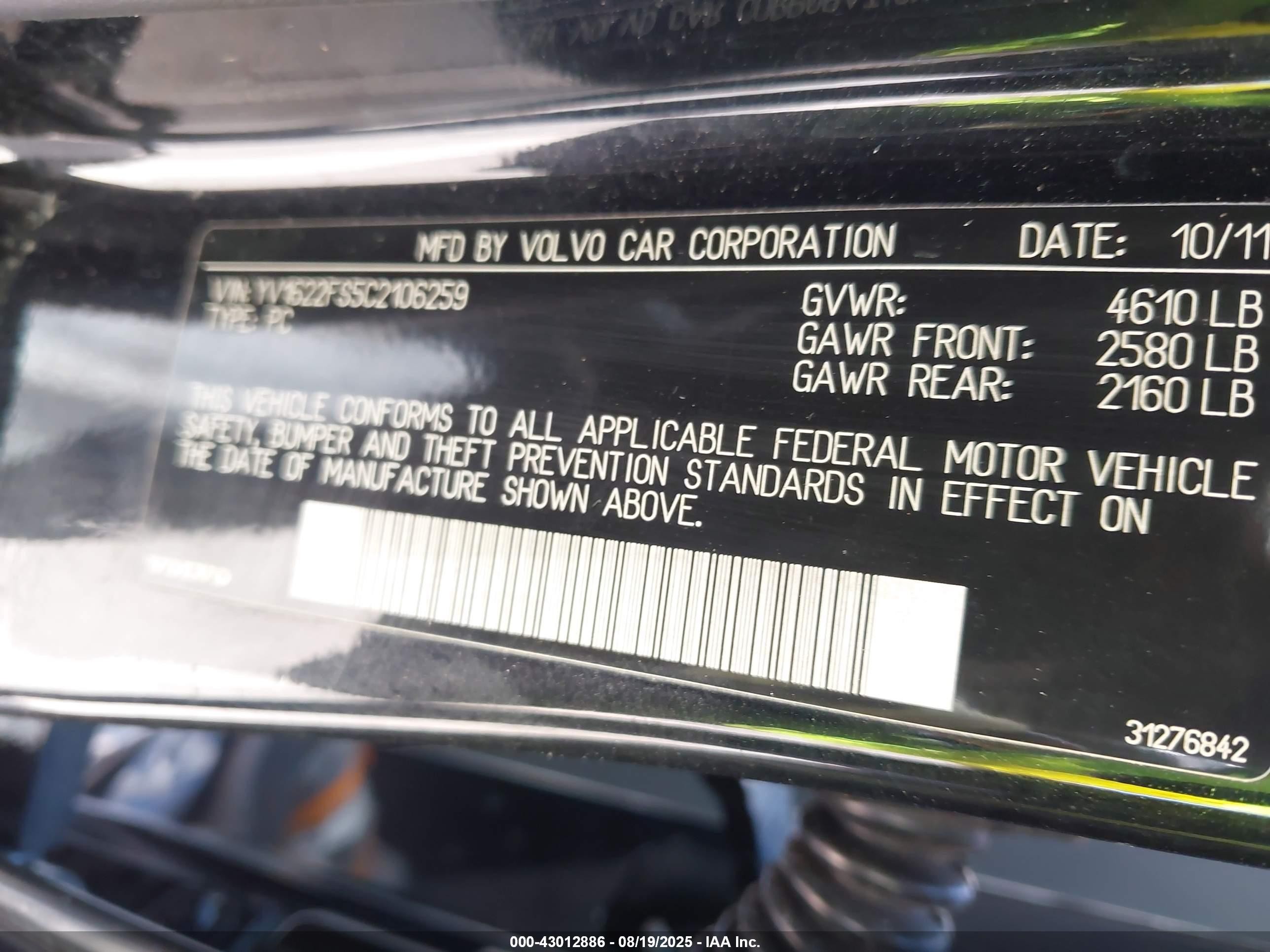 2012 Volvo S60 T5 Black vin: YV1622FS5C2106259