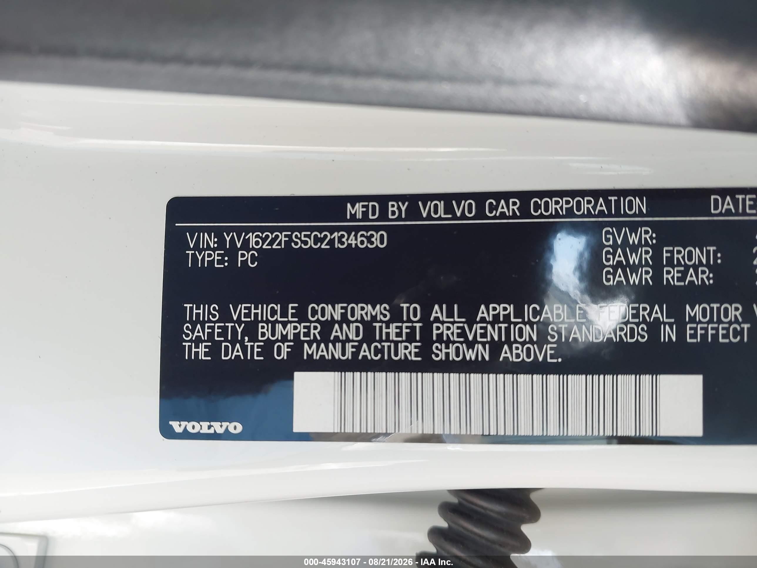 2012 Volvo S60 T5/t5 W/moonroof White vin: YV1622FS5C2134630