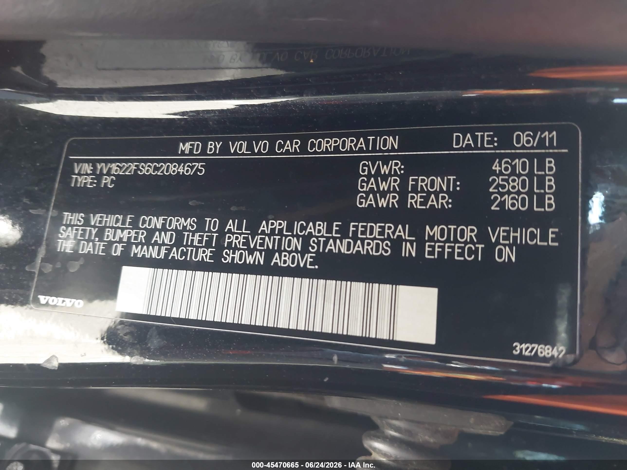 2012 Volvo S60 T5 Black vin: YV1622FS6C2084675