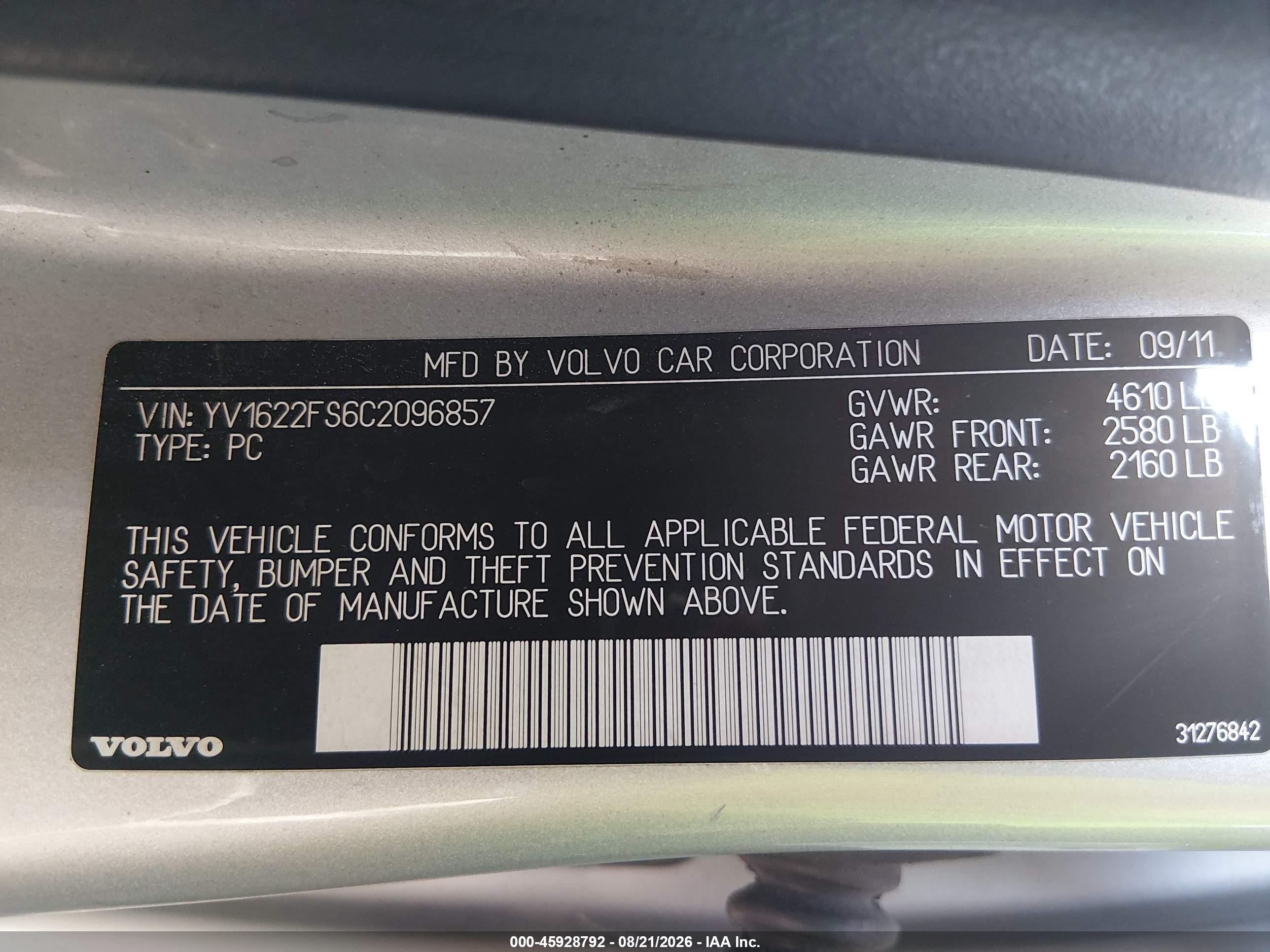 2012 Volvo S60 T5 Silver vin: YV1622FS6C2096857