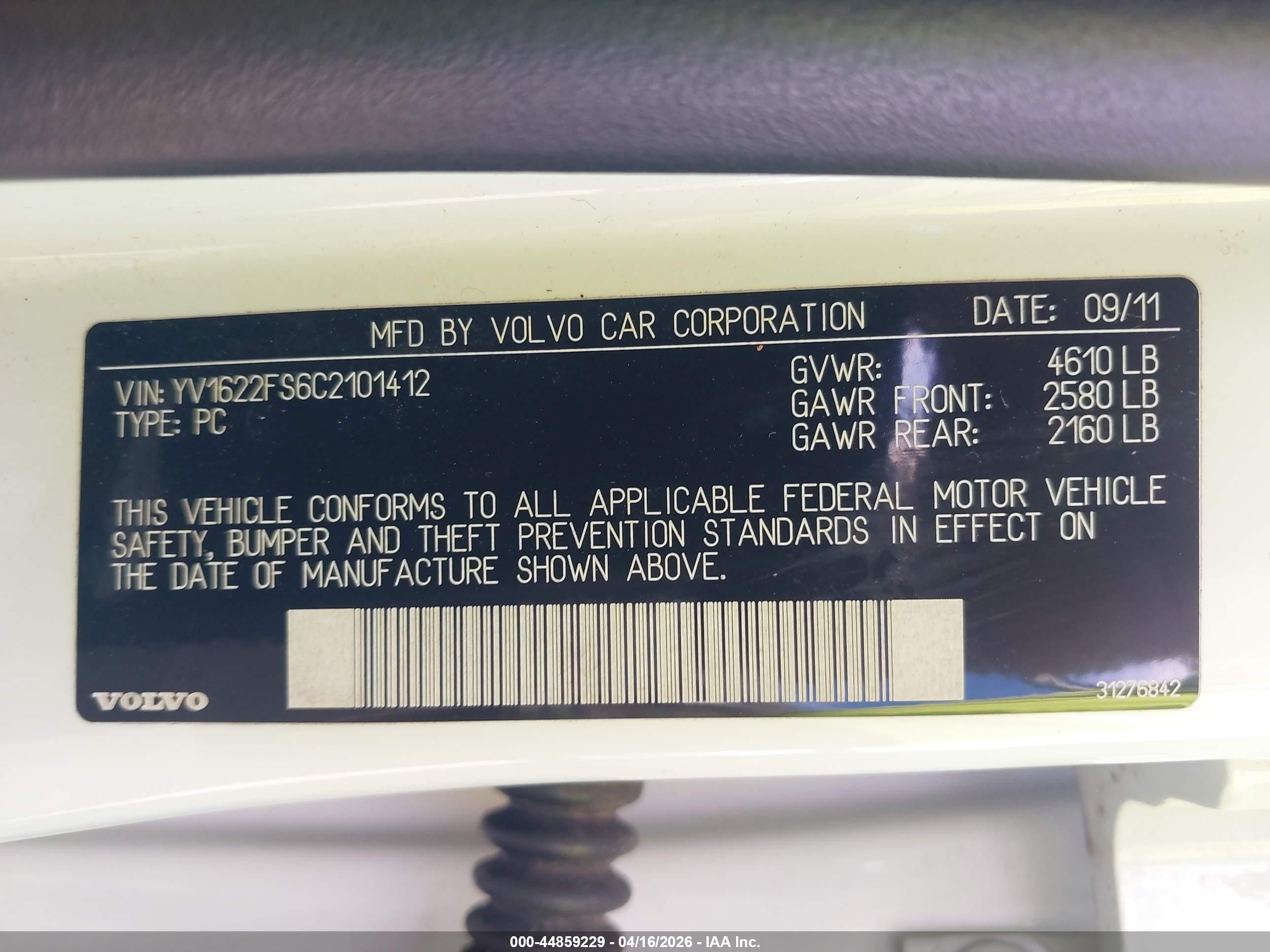 2012 Volvo S60 T5 White vin: YV1622FS6C2101412