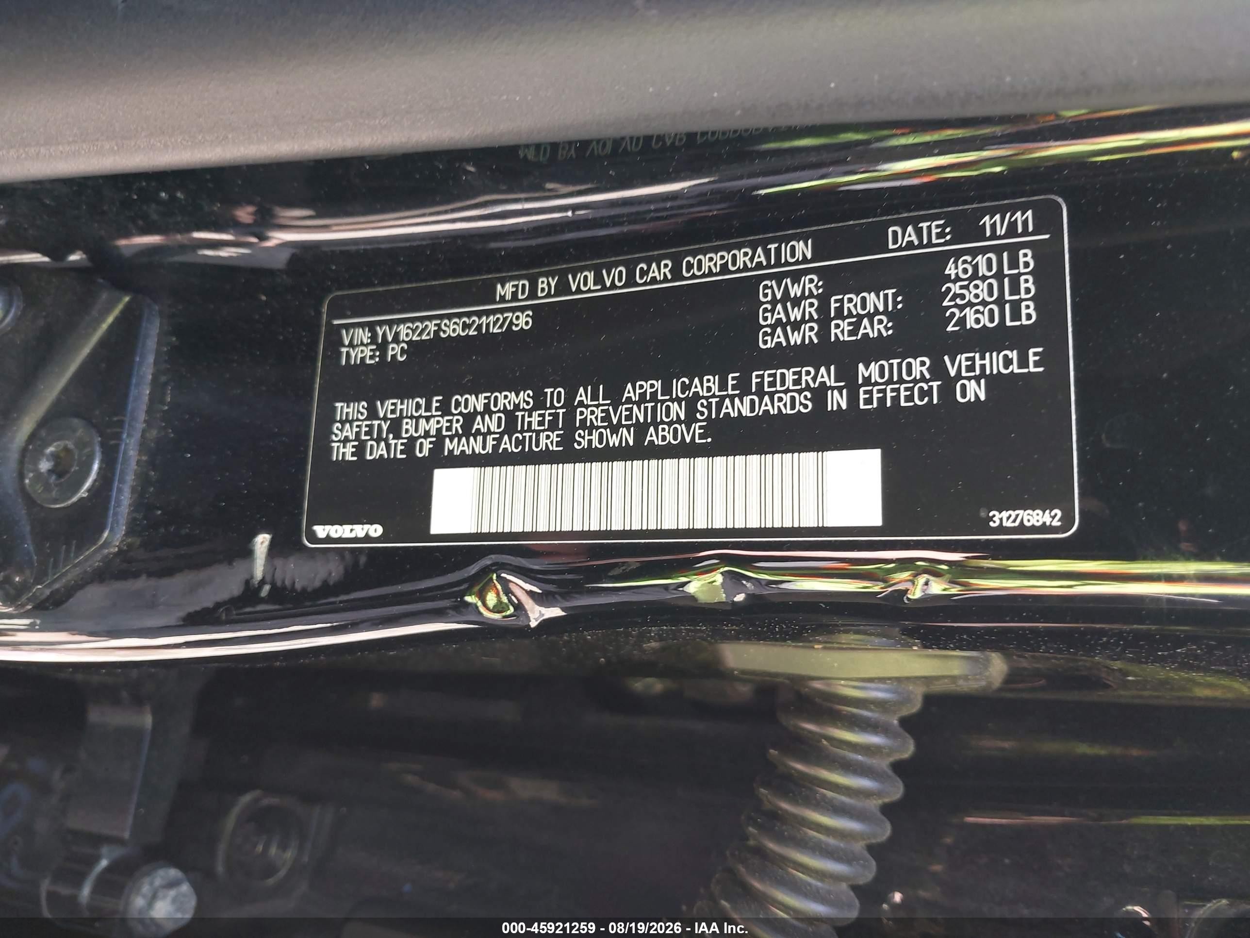 2012 Volvo S60 T5 Black vin: YV1622FS6C2112796