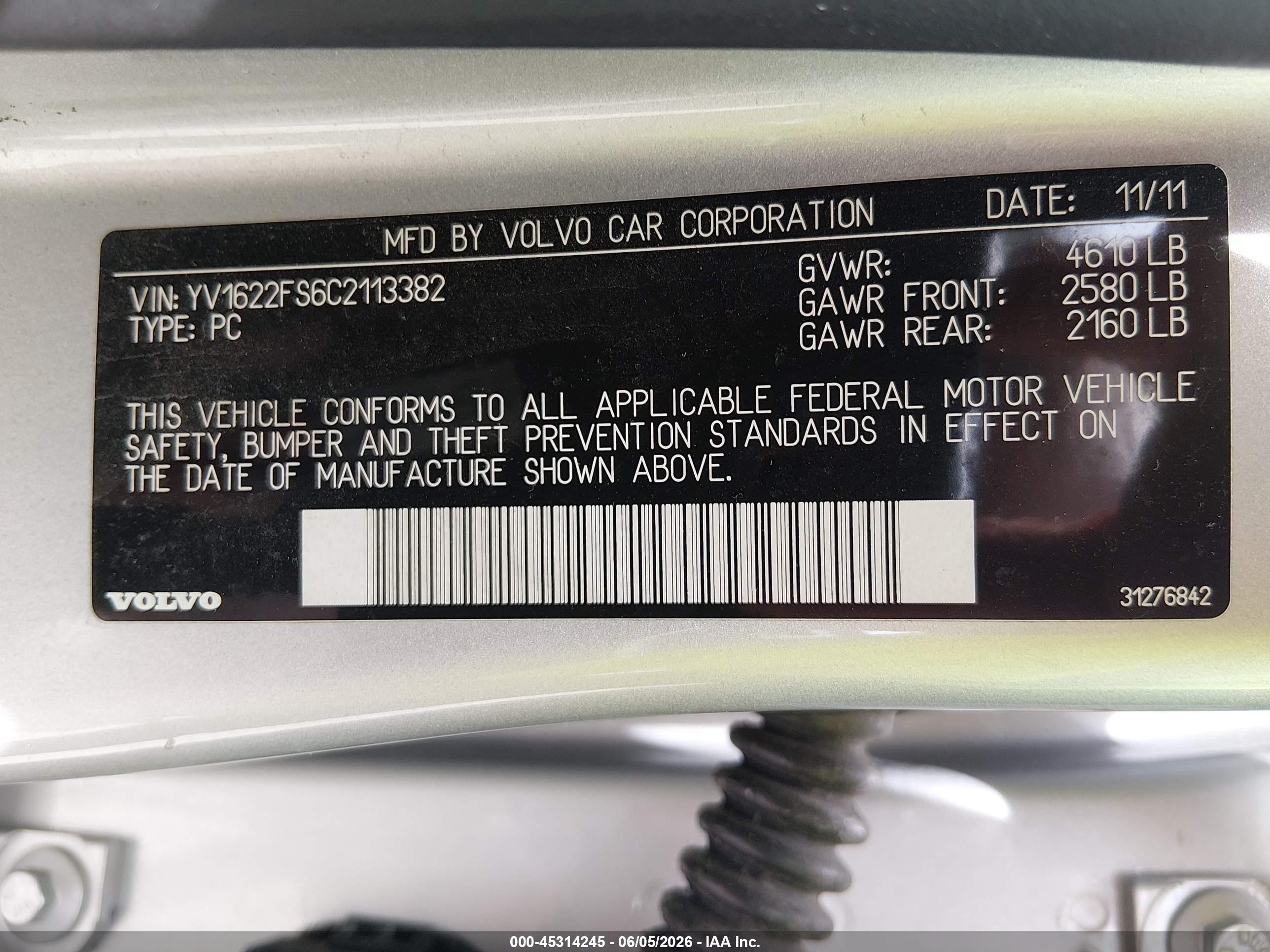2012 Volvo S60 T5 Silver vin: YV1622FS6C2113382