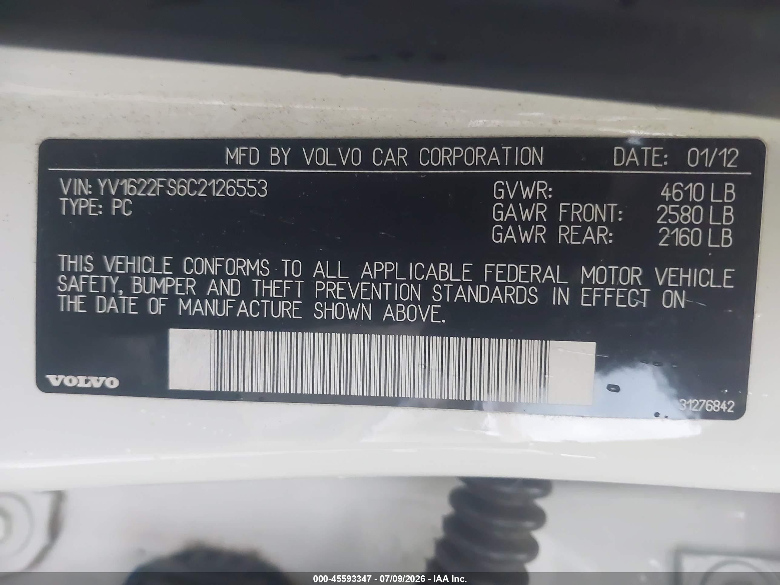 2012 Volvo S60 T5/t5 W/moonroof White vin: YV1622FS6C2126553