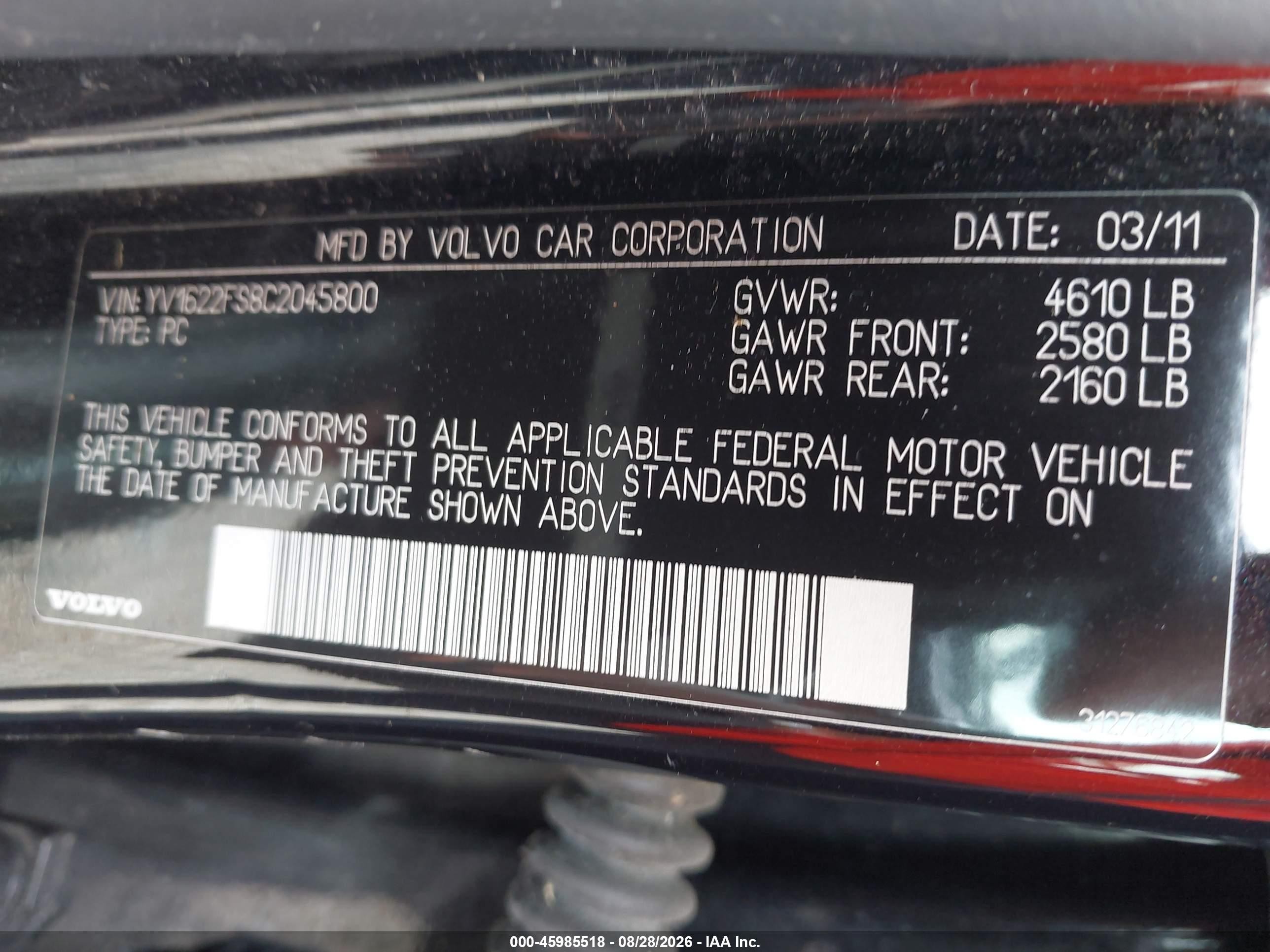 2012 Volvo S60 T5 Black vin: YV1622FS8C2045800