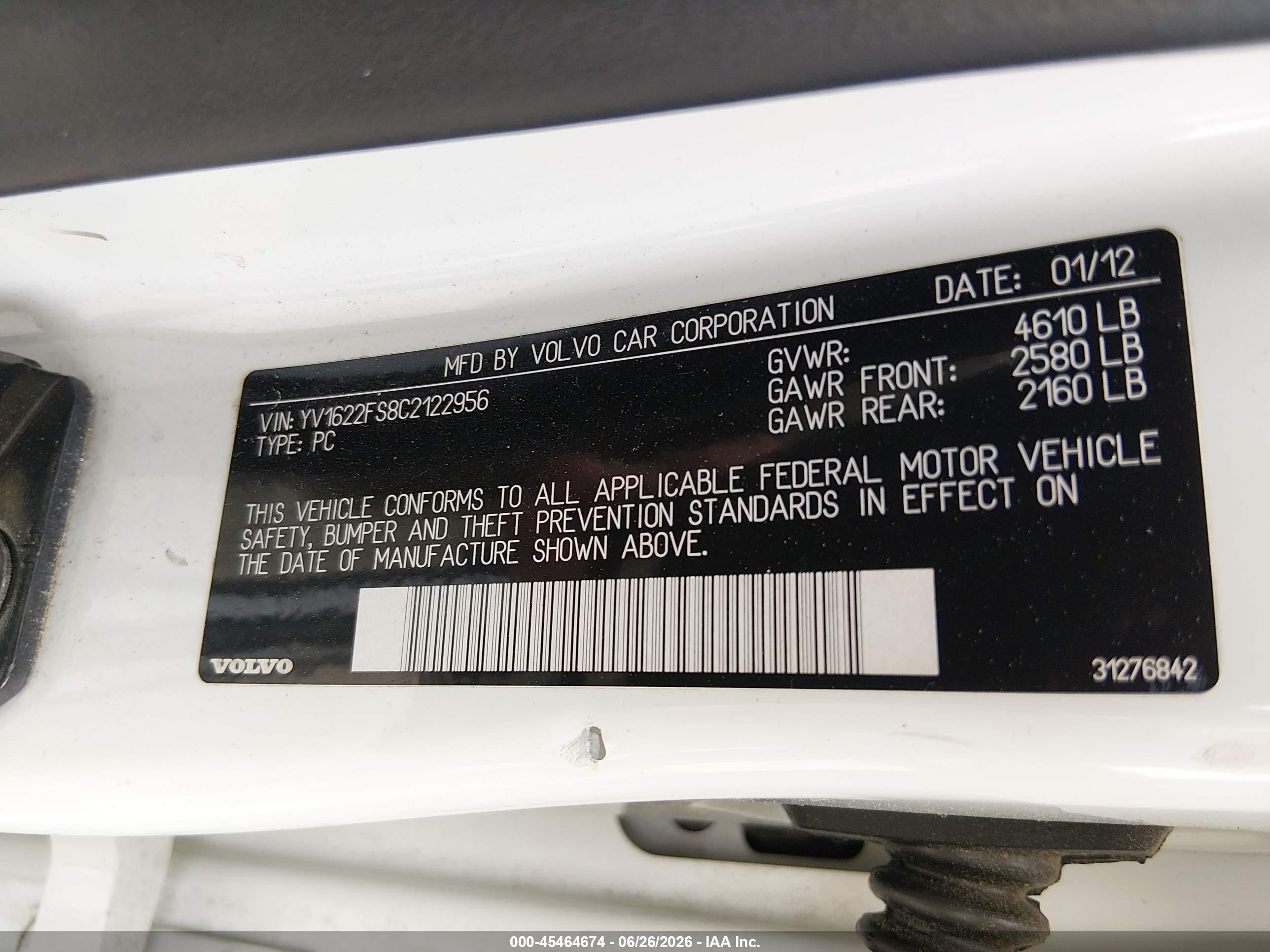 2012 Volvo S60 T5/t5 W/moonroof White vin: YV1622FS8C2122956