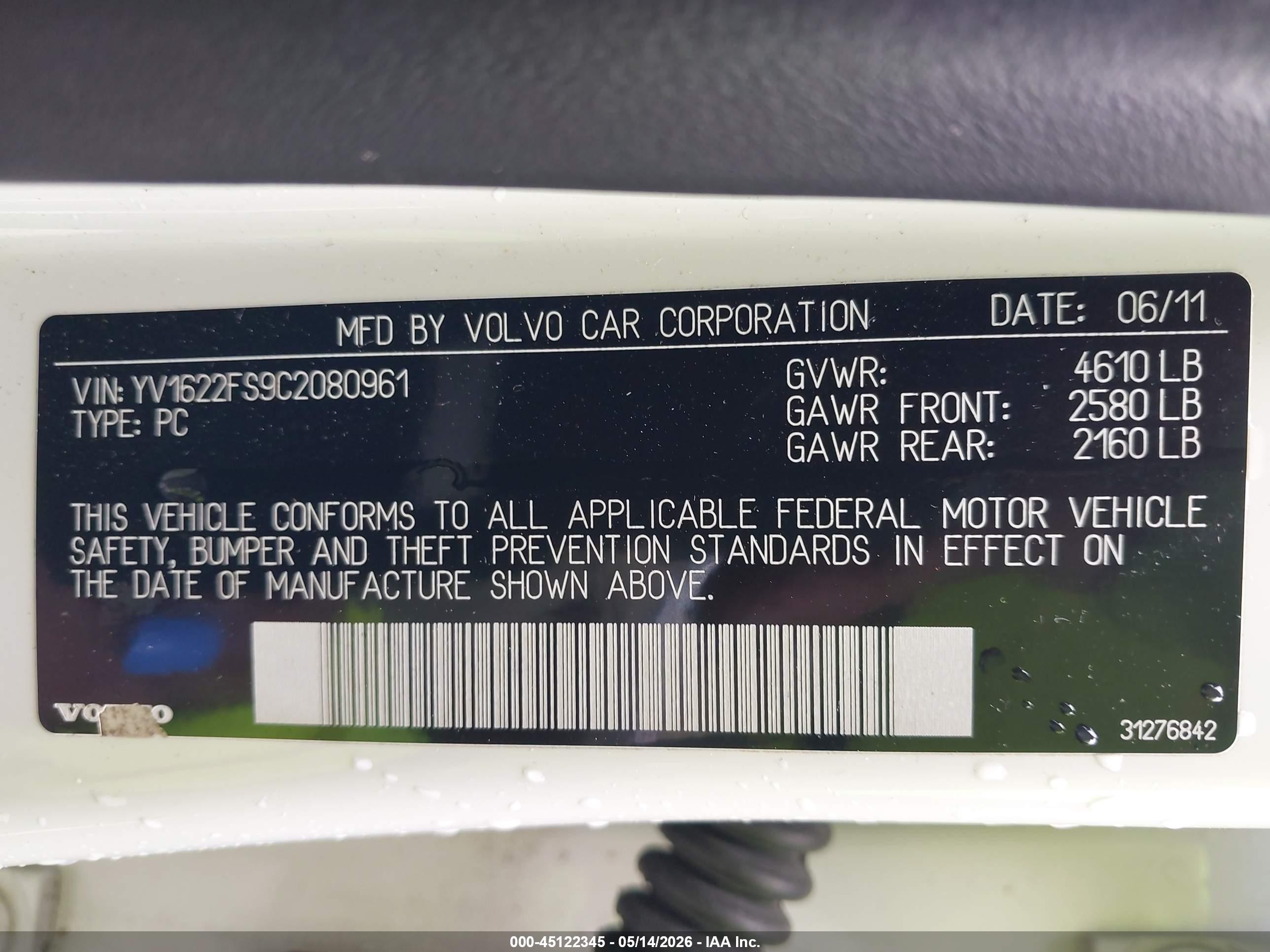 2012 Volvo S60 T5 White vin: YV1622FS9C2080961