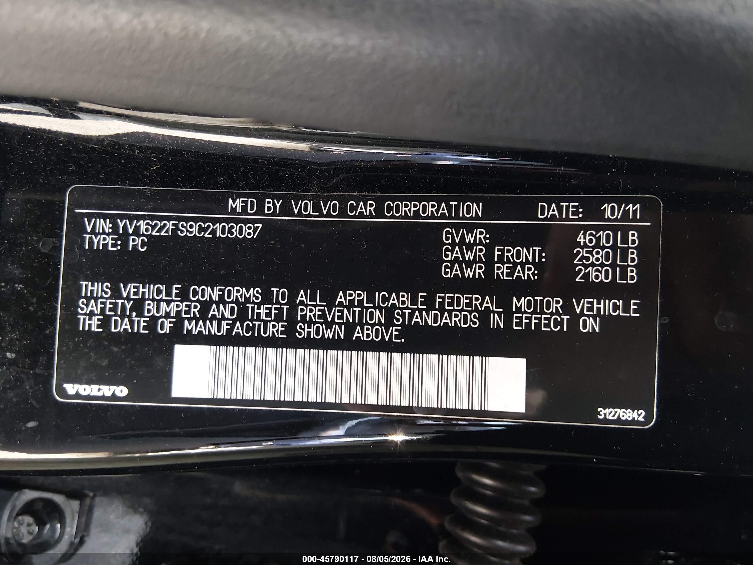 2012 Volvo S60 T5/t5 W/moonroof Black vin: YV1622FS9C2103087