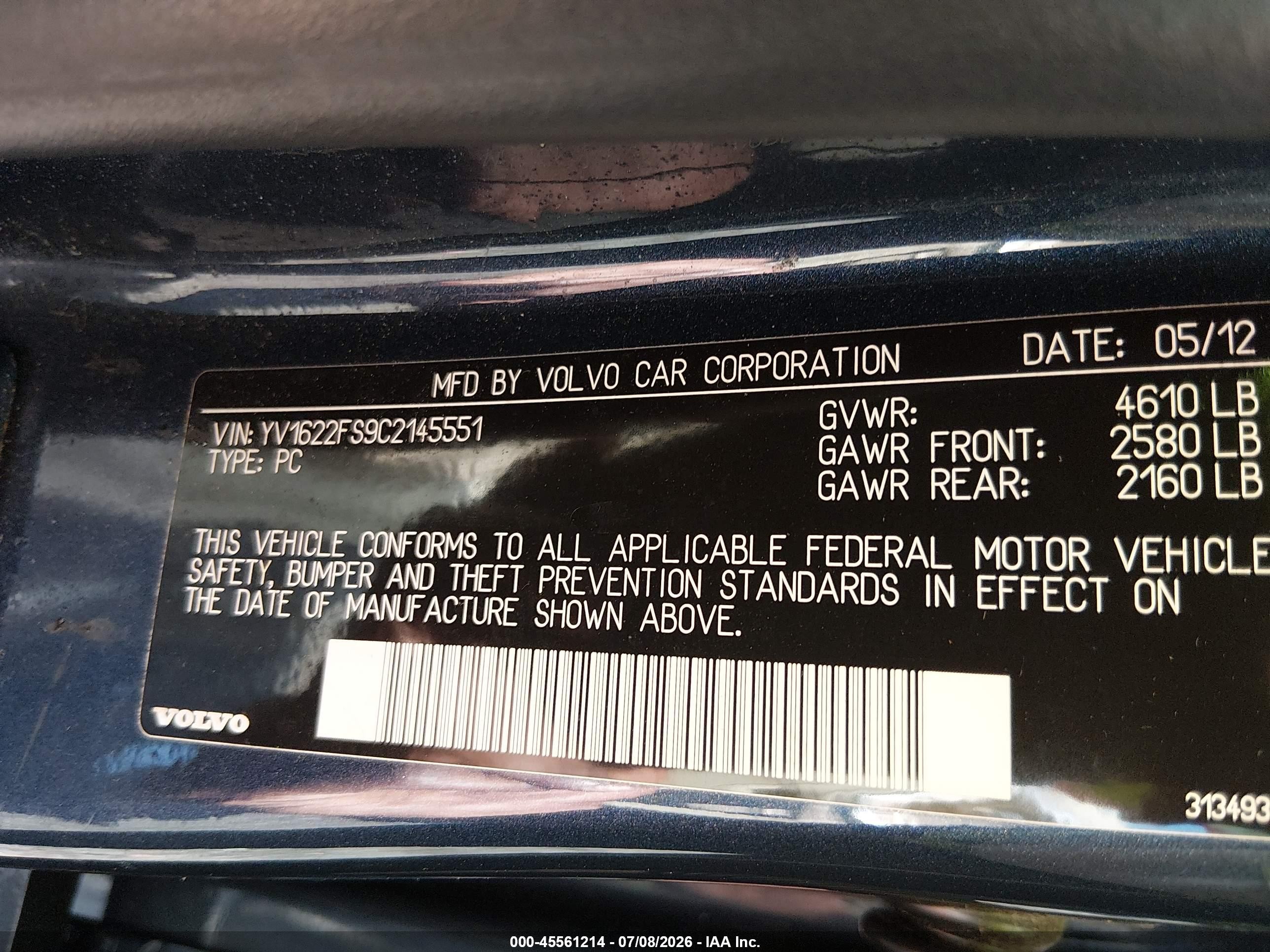 2012 Volvo S60 T5/t5 W/moonroof Blue vin: YV1622FS9C2145551