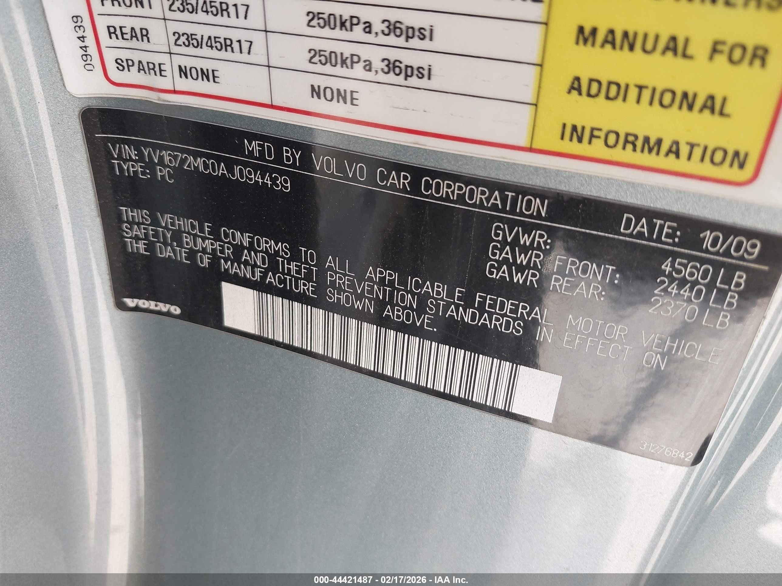 2010 Volvo C70 T5 Light Blue vin: YV1672MC0AJ094439