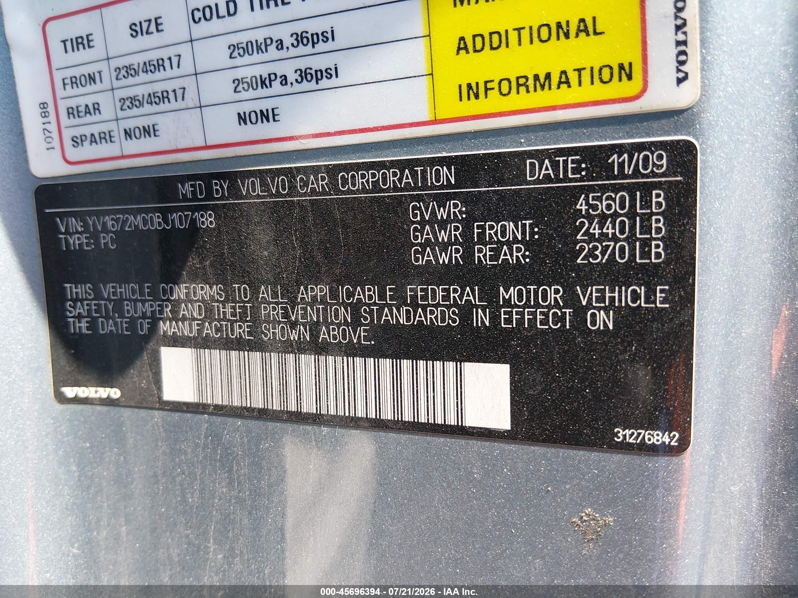 2011 Volvo C70 T5 (retail Only) Light Blue vin: YV1672MC0BJ107188