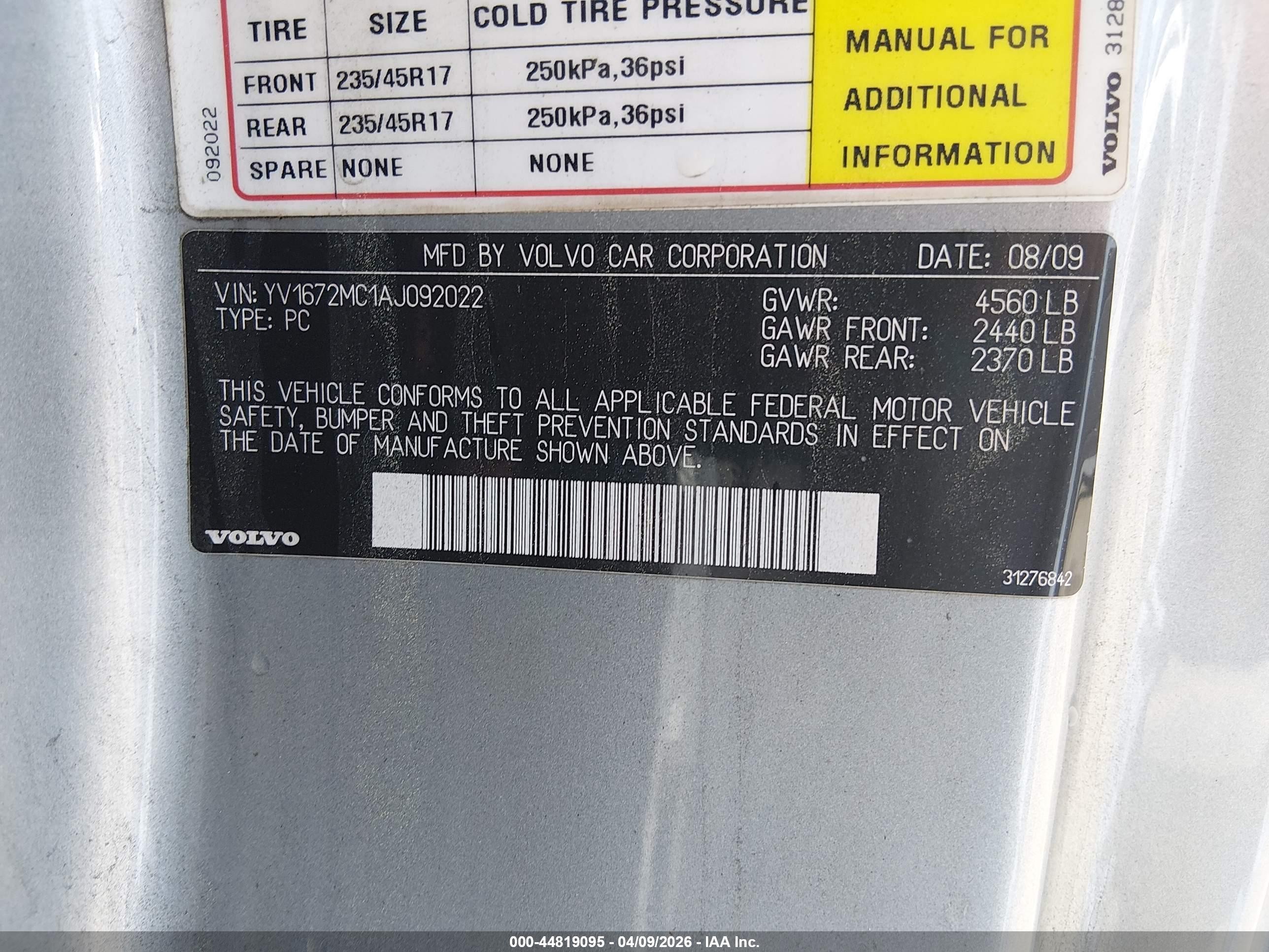 2010 Volvo C70 T5 Silver vin: YV1672MC1AJ092022