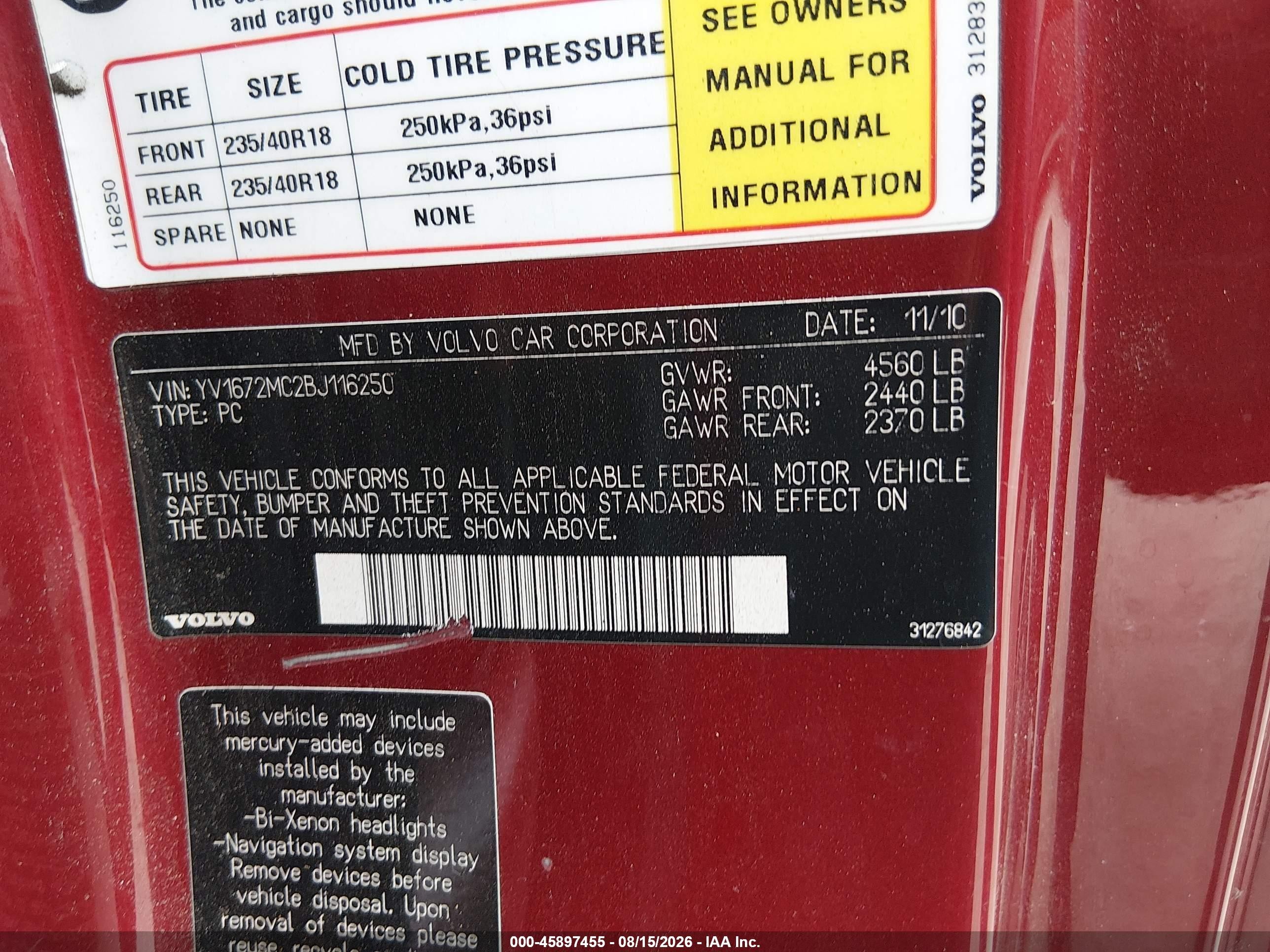 2011 Volvo C70 T5 (retail Only) Red vin: YV1672MC2BJ116250