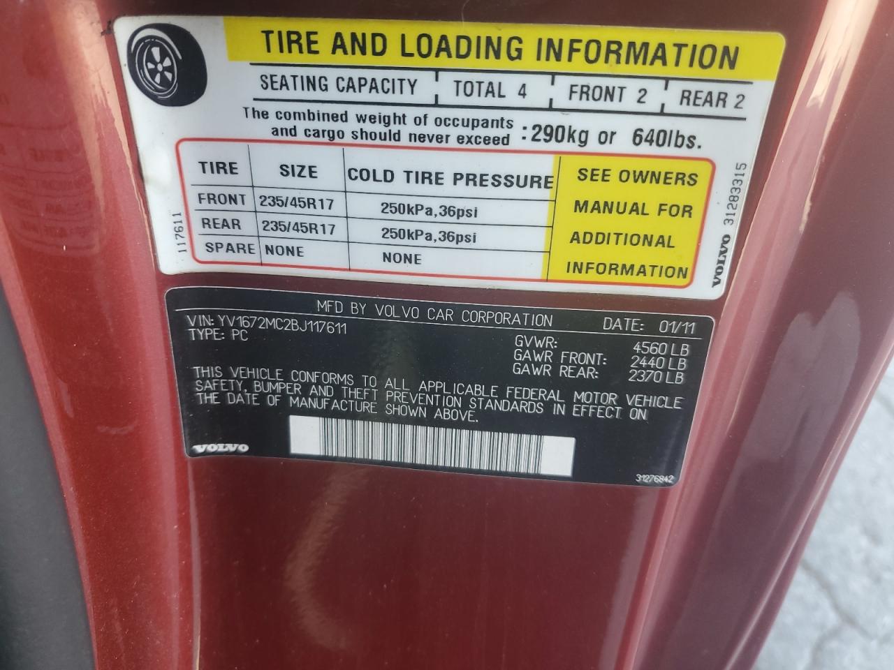 2011 Volvo C70 T5 Burgundy vin: YV1672MC2BJ117611