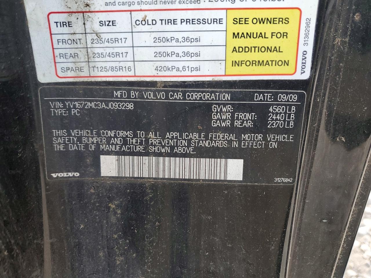 2010 Volvo C70 T5 Black vin: YV1672MC3AJ093298